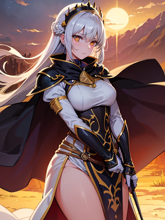 At the top of a steep hill, against the twilight horizon, an imposing figure stands with majesty. A woman, wearing full armor, stands at the highest point of the terrain, gazing determinedly into the valley below. Her helmet is adorned with intricate details, with a visor that reveals only her resolute eyes, shining with the golden light of the setting sun.
Her armor, polished to an impeccable shine, is a masterpiece of craftsmanship, each plate meticulously forged to offer maximum protection without compromising mobility. Each piece gleams as it reflects the last rays of sunlight, creating a striking contrast with the somber landscape around her.
In her right hand, she holds a longsword, whose gleaming blade seems eager to challenge any adversary that dares to cross her path. In the left, a shield adorned with a familiar crest, symbol of her lineage and heritage.
The wind gently stirs the cape that envelops her shoulders, highlighting her firm and confident posture. She is a fearless warrior, a defender of her realm and her people, ready to face any challenge that fate may hold.
Around her, the medieval scenery unfolds in all its grandeur. Castle towers rise against the orange-tinted sky, while verdant fields stretch as far as the eye can see. The distant sound of church bells and the clashing of swords echo through the air, reminding her of the constantly conflicted world she has sworn to protect.
In this solemn moment, she prepares to descend the steep slope toward the valley below, where destiny awaits with its challenges and dangers. But she does not falter; her heart is filled with courage and determination, ready to face any battle that life may present her.