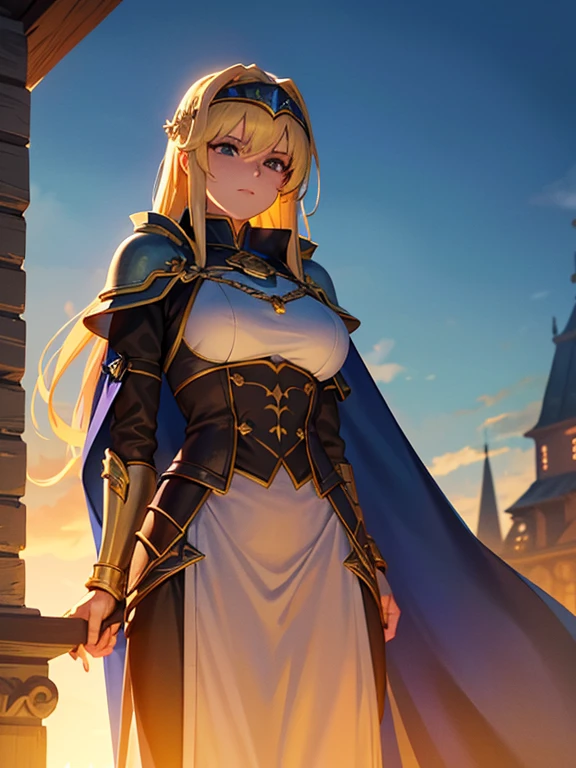 At the top of a steep hill, against the twilight horizon, an imposing figure stands with majesty. A woman, wearing full armor, stands at the highest point of the terrain, gazing determinedly into the valley below. Her helmet is adorned with intricate details, with a visor that reveals only her resolute eyes, shining with the golden light of the setting sun.
Her armor, polished to an impeccable shine, is a masterpiece of craftsmanship, each plate meticulously forged to offer maximum protection without compromising mobility. Each piece gleams as it reflects the last rays of sunlight, creating a striking contrast with the somber landscape around her.
In her right hand, she holds a longsword, whose gleaming blade seems eager to challenge any adversary that dares to cross her path. In the left, a shield adorned with a familiar crest, symbol of her lineage and heritage.
The wind gently stirs the cape that envelops her shoulders, highlighting her firm and confident posture. She is a fearless warrior, a defender of her realm and her people, ready to face any challenge that fate may hold.
Around her, the medieval scenery unfolds in all its grandeur. Castle towers rise against the orange-tinted sky, while verdant fields stretch as far as the eye can see. The distant sound of church bells and the clashing of swords echo through the air, reminding her of the constantly conflicted world she has sworn to protect.
In this solemn moment, she prepares to descend the steep slope toward the valley below, where destiny awaits with its challenges and dangers. But she does not falter; her heart is filled with courage and determination, ready to face any battle that life may present her.