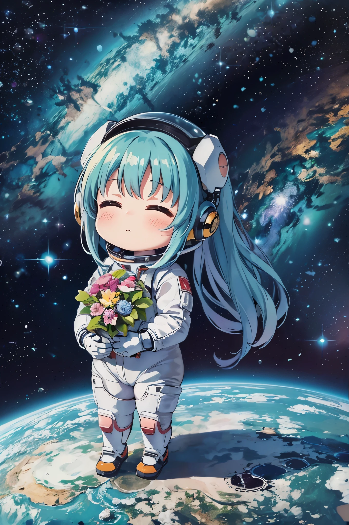 (((masterpiece))), highest quality, Very detailed, anime, (Spacesuit:1.2), (Spacesuit helmet:1.2), (Spacewalk:1.2), (Holding a bouquet:1.2), close your eyes, (((girl))), (((alone))), Happy, whole body, (((Deformed))), (((Chibi Character))),  (space background), (milky way)、Light blue long hair、Twin tails