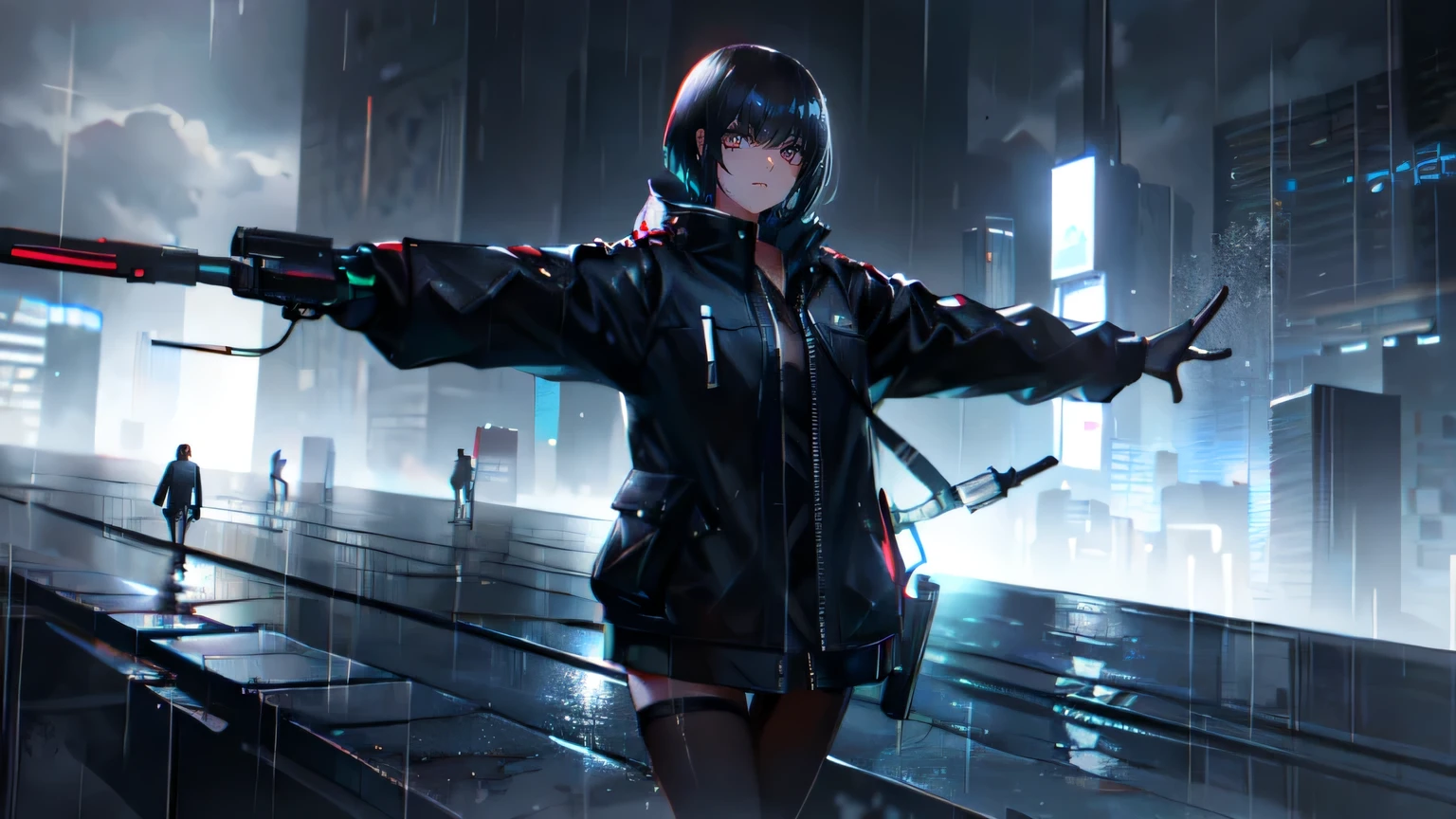 (short black hair, 1girl, ), contrast light, cyberpunk, night, rain, walking to viewer, weapon in arms, cloudy sky, far city lights