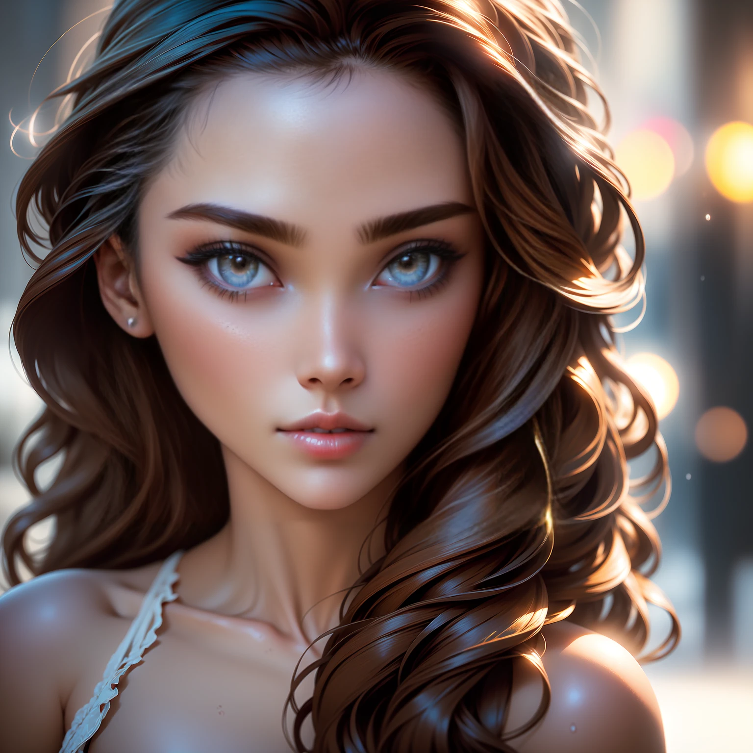 Photo of 25 year old European girl, RAW, beautiful woman, (brown hair with extra long wavy), ((portrait)), (ultra detailed face: 1.2)), (detailed facial features))+(freckles on the face), (Fine skin)+(tanned skin)+(ultra detailed skin texture), high detail and deep cleavage body conhasmat suit, slim body, megacity environment, (cold color), wet, moist, reflection, (masterpiece) ( Perfect proportions) (realistic photos) (highest quality) (detail) shot with Canon EOS R5, 50mm lens, f/2.8, HDR, (8k) (wallpaper) (movie lighting) (dramatic lighting) (sharp focus) (complex) fashion