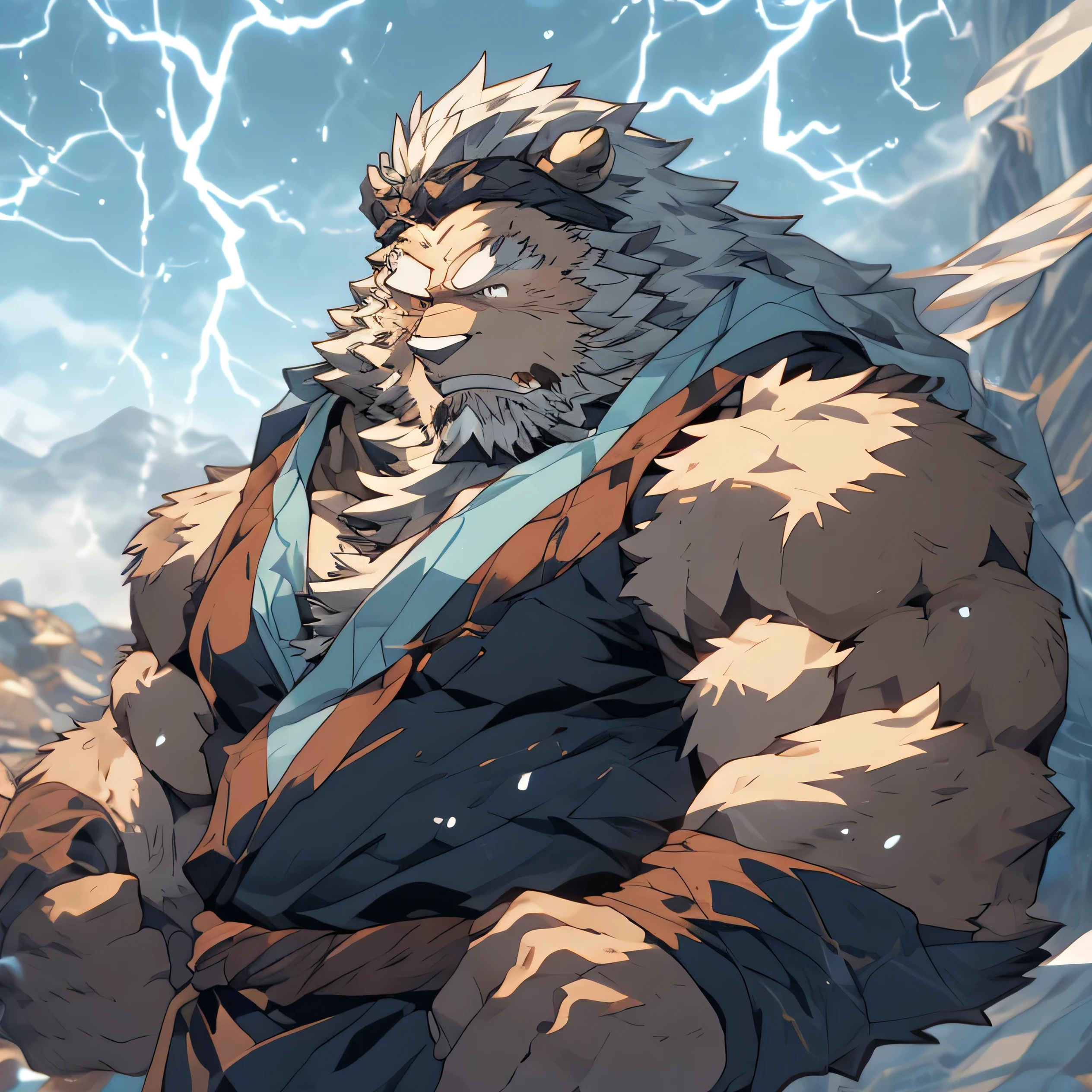 "Robusto y potente, The muscular old Viking stands in the middle of a stormy Nordic landscape.. Su rostro curtido refleja toda una vida de batallas., adornado con un largo, barba trenzada y ojos azules intensos. His imposing figure is wrapped in furs and leather armor., evoking a feeling of strength and resilience. Behind him, Lightning illuminates an epic scene., showcasing his fearless spirit and unwavering determination."