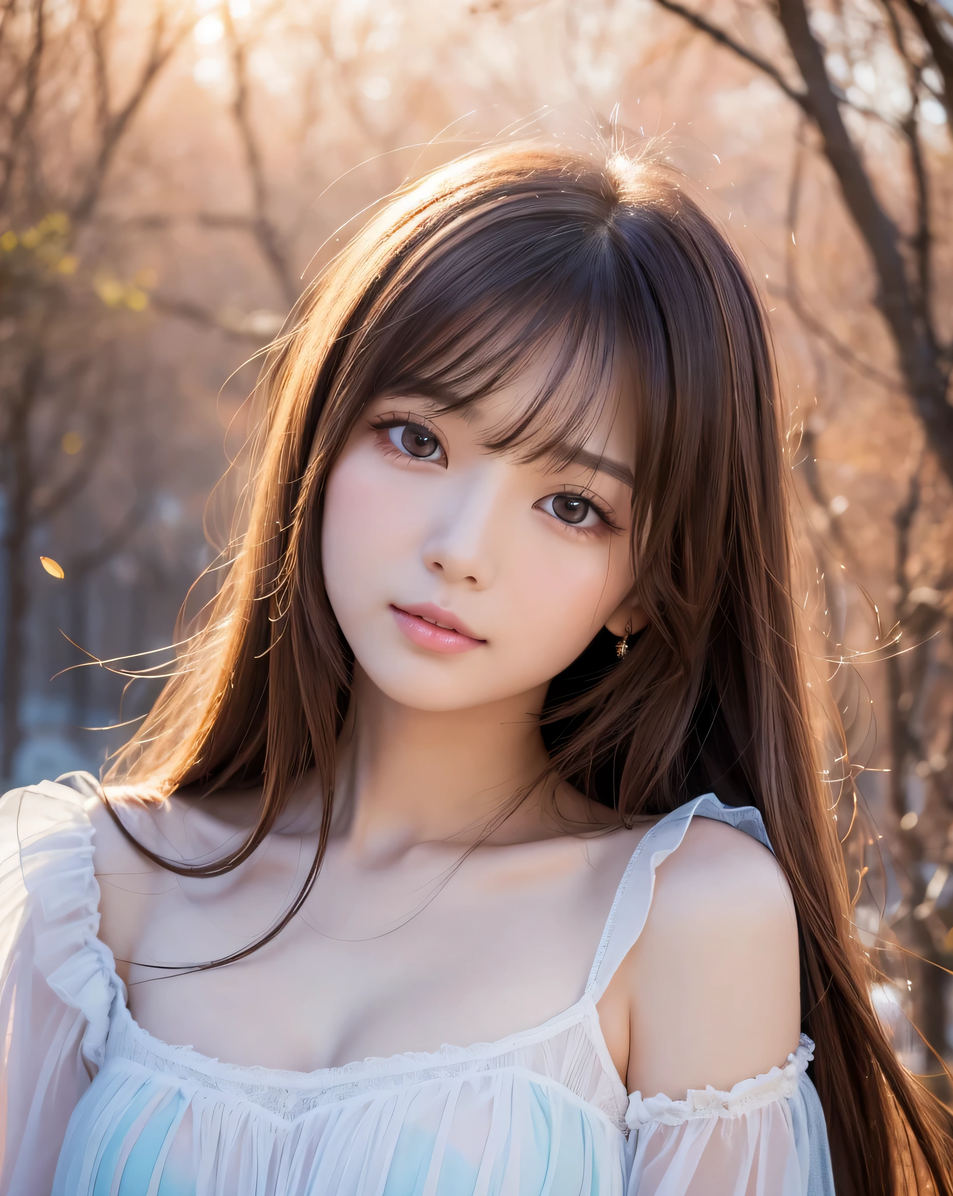 (highest quality, 32k, High resolution, masterpiece:1.5, ), A haunting fantasy portrait painted in an abstract style, ((In a swirl of fantastic pastel colors and soft light)), Evoking a soothing tranquility and elusive beauty, Very rich emotional expression, Have a rich imagination, Cute Japanese Girls, An exceptionally beautiful face, Magical big eyes, A gentle smile, motherhood and tolerance, ((Shiny brown straight long hair)), Beautifully styled super long hair, Beautiful asymmetrical bangs, Hair between the eyes, Transparent and soft skin, Neat, thin eyebrows, double eyelid, Pale pink lips, ((See-through transparent camisole,)), High resolution perfect clavicle, Beautiful chest in high resolution, Slender body with ample breasts, High resolutionの美しい太もも, Soft sunlight, Professional Lighting, Professional Photographer, Professional Model,Mysterious