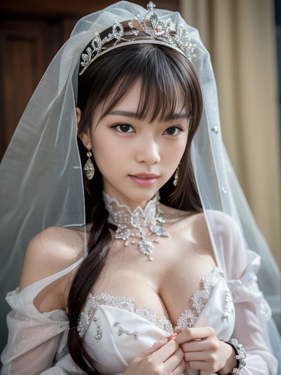 high quality、High resolution、masterpiece、sharp focus、realistic、photo-realistic、RAW photo、cinematic lighting、Photorealistic portrait of stunningly beautiful woman、slight smile、brown eyes、Natural textures、rich colors、ultra realistic texture、cowboy shot、Chignon's hairstyle、short black hair、glowing skin、light smile、(Small breasts:1.1)、Off-the-shoulder white wedding dress、Snow White Veil、choker、silver tiara、necklace、earrings、highly detailed face、fine eyes、looking at the viewer、Luxurious rooms in the palace、focus on face、detailed hand drawn、Detailed chest depiction, sexy belly