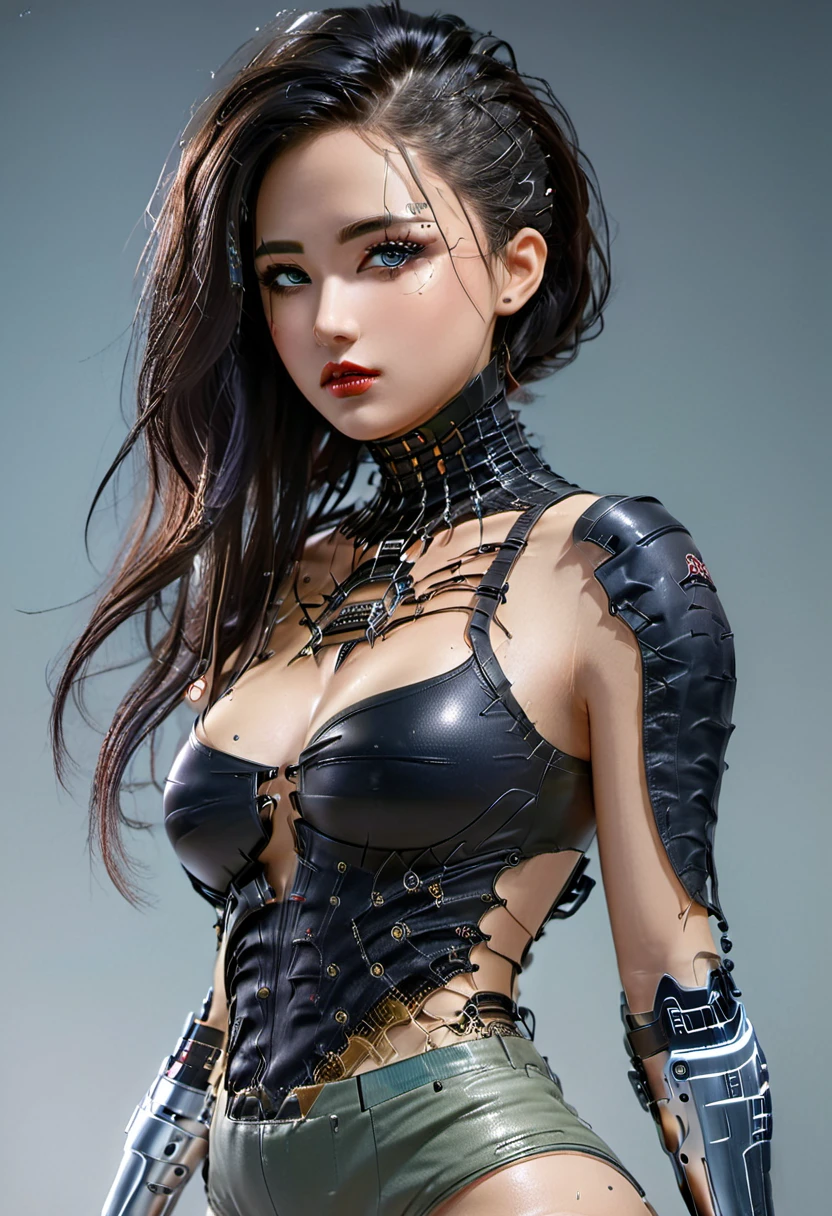 Hyper realistic picture perfect bio punk Girl, perfect face, beautiful detailed features, thin curved eyebrows, long luscious eyelashes, black eyeliner, black eye shadow, bright blush makeup, long luscious wavy hair, small little nose, curved lips, bright lipstick, bio mechanical punk skin, large slopped breast, small areolas, perky hard nipples, perfect body, slinder waist,sexy hips, sexy voluptuous ass, bio mecha cyborg arms, bio punk body, show cleavage, bio mecha legs,