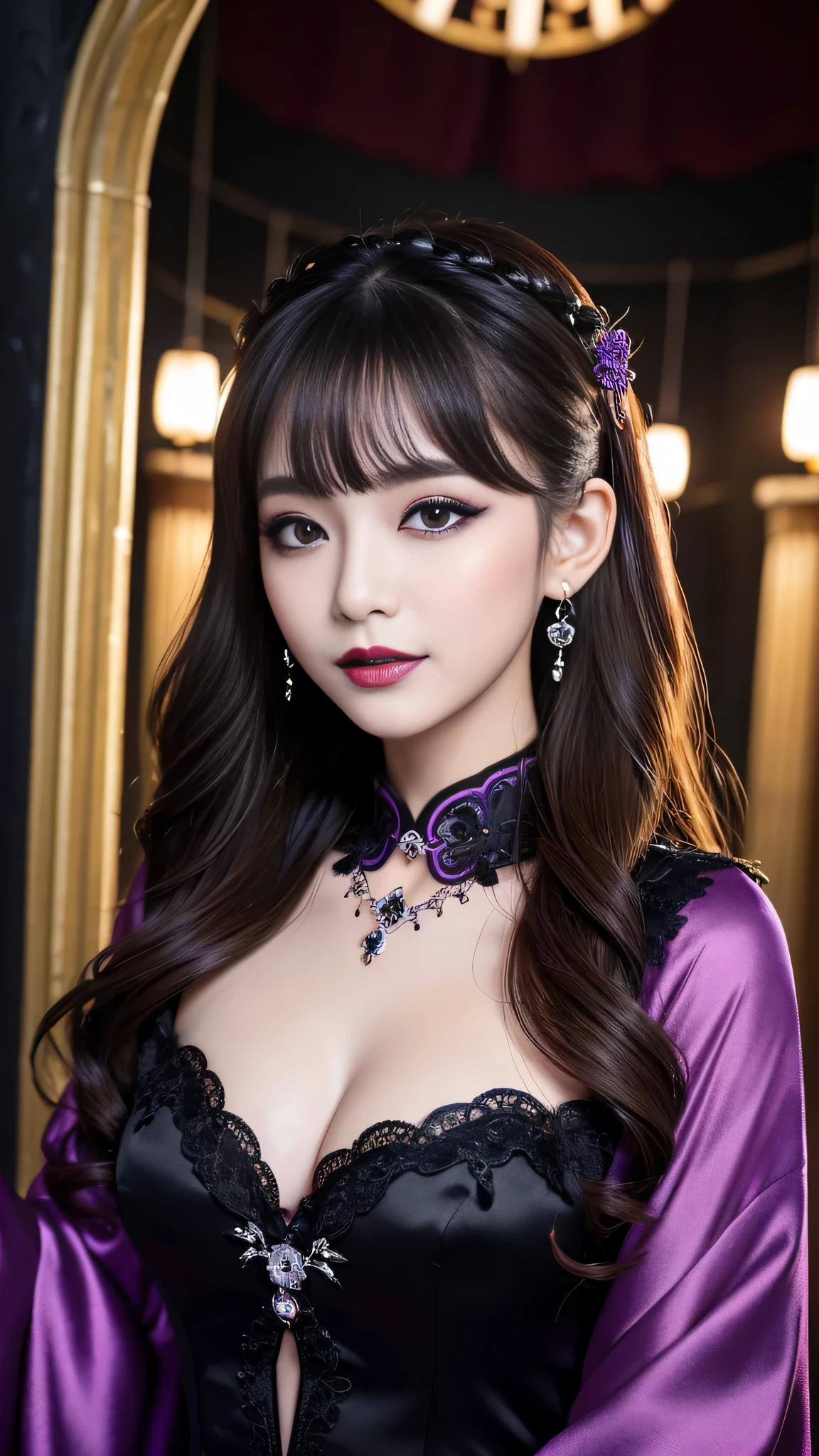 best quality、ultra-detailed、4k、Japanese、Seductive beauty、seductive adult woman、Pretty Woman、cool girl、Villainess、Brainwashed、brainwash、Fallen into evil、smirk、Evil look、Wicked Smile、evil、Brown hair、wavy hair、swept bangs、dark makeup、dark makeup、piercing eyes、hollow eyes,half-closed eyes、Hollow Eyes、Purple Eyeshadow、black lipstick、black lipglos、Long Black Cheongsam、Wide sleeves、night、inside church、Applying lipstick、makeup brush