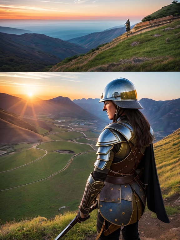 At the top of a steep hill, against the twilight horizon, an imposing figure stands with majesty. A woman, wearing full armor, stands at the highest point of the terrain, gazing determinedly into the valley below. Her helmet is adorned with intricate details, with a visor that reveals only her resolute eyes, shining with the golden light of the setting sun.

Her armor, polished to an impeccable shine, is a masterpiece of craftsmanship, each plate meticulously forged to offer maximum protection without compromising mobility. Each piece gleams as it reflects the last rays of sunlight, creating a striking contrast with the somber landscape around her.

In her right hand, she holds a longsword, whose gleaming blade seems eager to challenge any adversary that dares to cross her path. In the left, a shield adorned with a familiar crest, symbol of her lineage and heritage.

The wind gently stirs the cape that envelops her shoulders, highlighting her firm and confident posture. She is a fearless warrior, a defender of her realm and her people, ready to face any challenge that fate may hold.

Around her, the medieval scenery unfolds in all its grandeur. Castle towers rise against the orange-tinted sky, while verdant fields stretch as far as the eye can see. The distant sound of church bells and the clashing of swords echo through the air, reminding her of the constantly conflicted world she has sworn to protect.

In this solemn moment, she prepares to descend the steep slope toward the valley below, where destiny awaits with its challenges and dangers. But she does not falter; her heart is filled with courage and determination, ready to face any battle that life may present her.