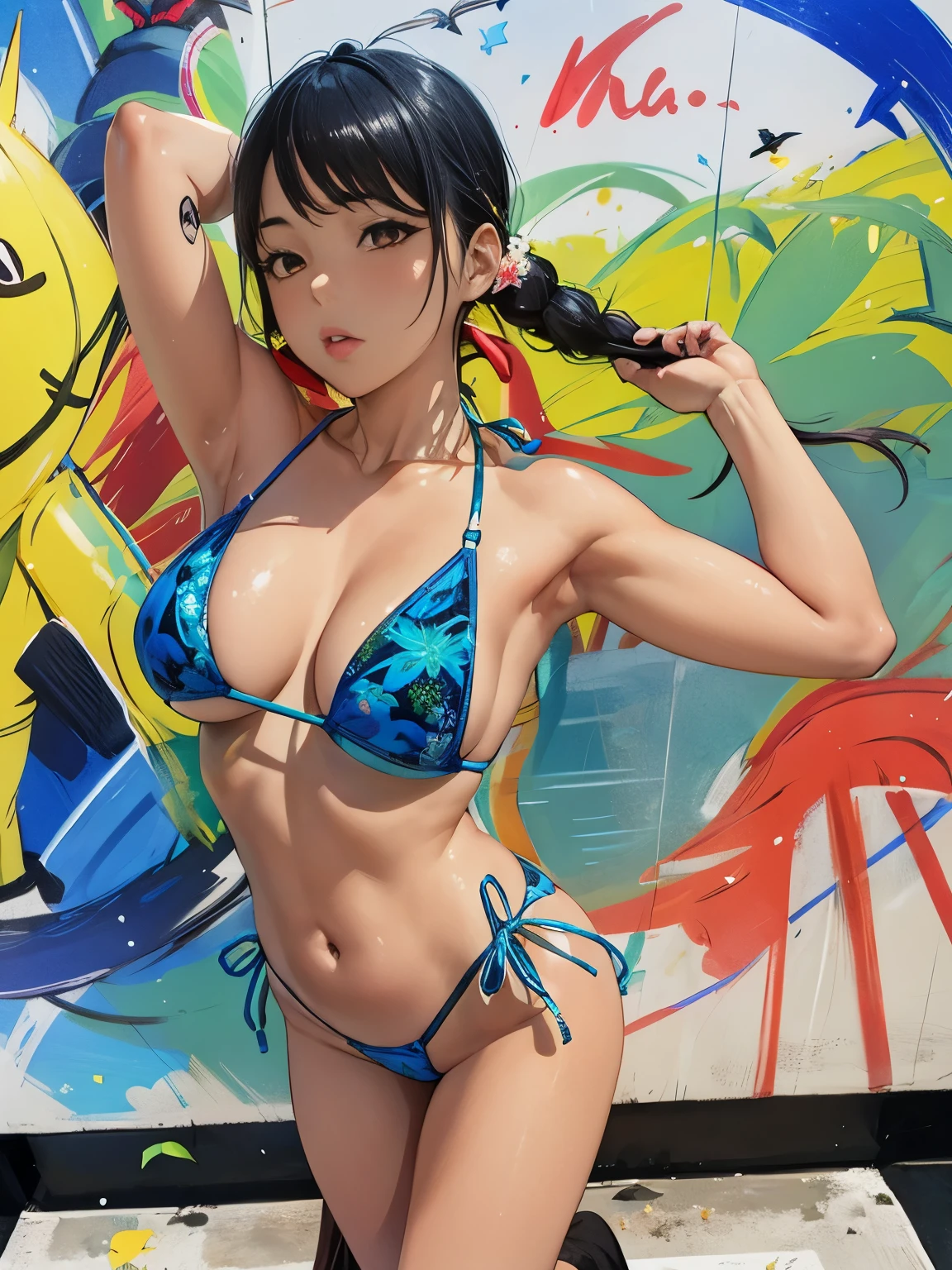 araffe woman in a blue bikini posing in front of a colorful wall, mayuri shiina, Yoshitomo Nara, Beasts, sophisticated gravure idol, blue bikini, bright blue shiny lingerie, swimsuit, is wearing a swimsuit, bikini model, shikamimi, young gravure idol, wearing pearl neon bikini, anime style, modern anime style, vibrant colors, soft illumination