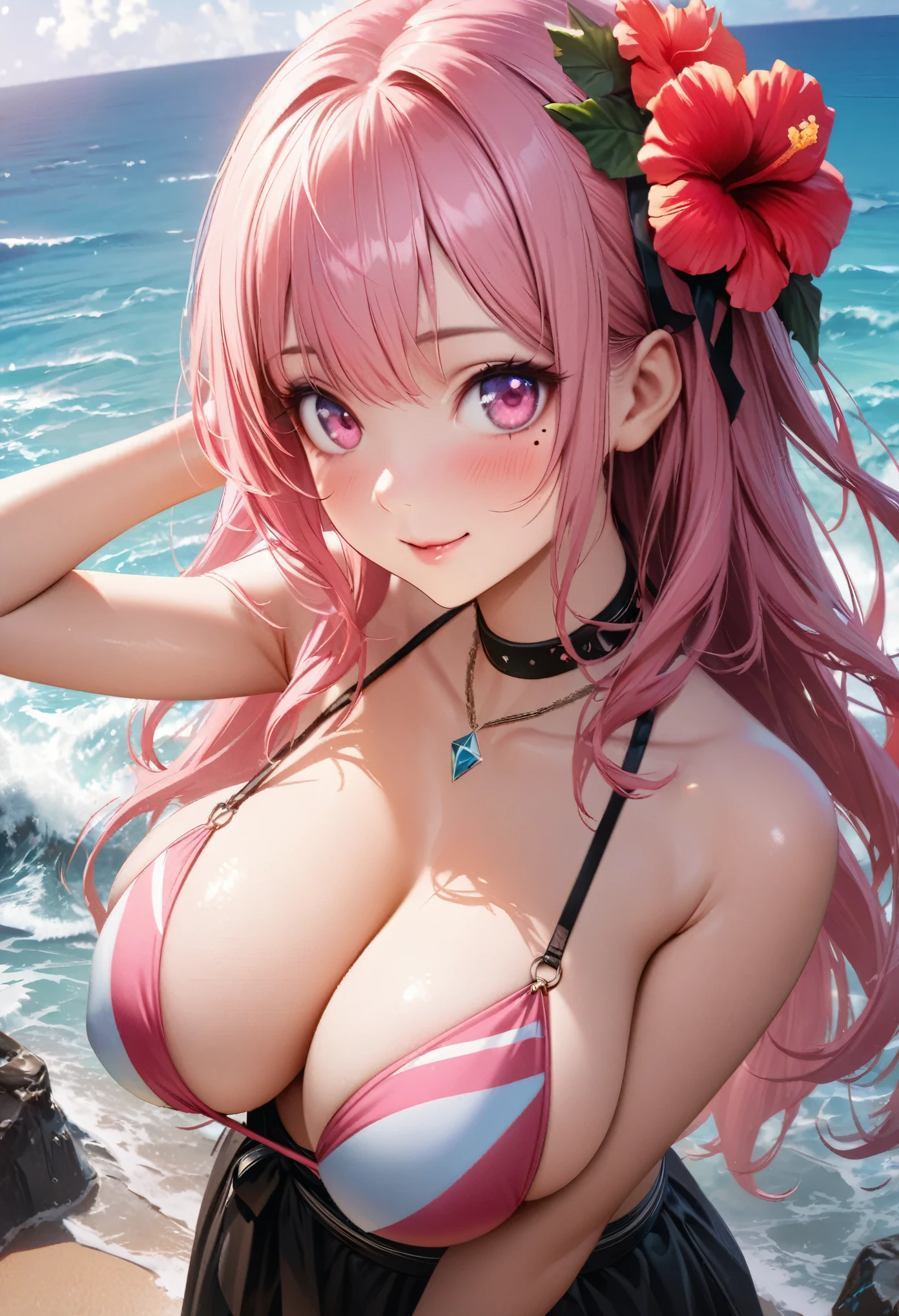 masterpiece, highest quality, Very detailed, High resolution, An expensive solution, High resolution, 4K, 8k, unity 8k wallpaper, Very detailed CG, masterpiece, Realistic、 Beautiful details, depth, Fine texture, highest quality: 1.3, Total concentration, Crisp skin, he, Very cute anime, Cute like an idol, expensive pink long hair, One Girl,bikini、big breasts、Sandy Beach、Ocean、Diamond Head , 、 hibiscus hair accessory, smile、long pink hair, whole body, Mole under the eye, Line Sight, expensive, blush, Lips parted, heart, Pink Eyes, choker