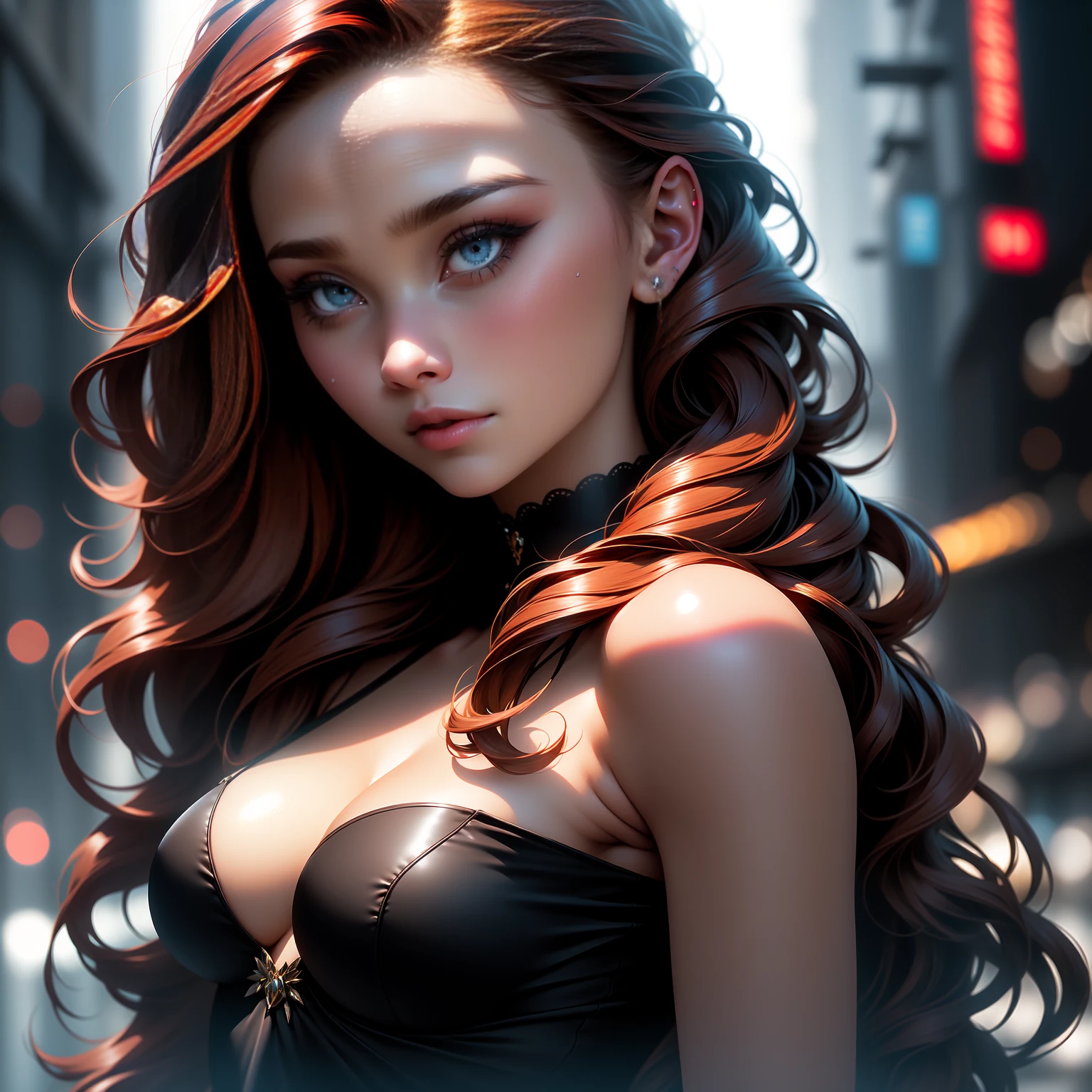 Photo of 25 year old European girl, RAW, beautiful woman, (red brown hair with extra long wavy), ((portrait)), (Detailed face: 1.2)), (Detailed facial features)), (Fine skin), pale skin, high detail and deep cleavage body conhasmat suit, slim body, megacity environment, (cold color), wet, moist, reflection, (masterpiece) ( Perfect proportions) (realistic photos) (highest quality) (detail) shot with Canon EOS R5, 50mm lens, f/2.8, HDR, (8k) (wallpaper) (movie lighting) (dramatic lighting) (sharp focus) (complex) fashion