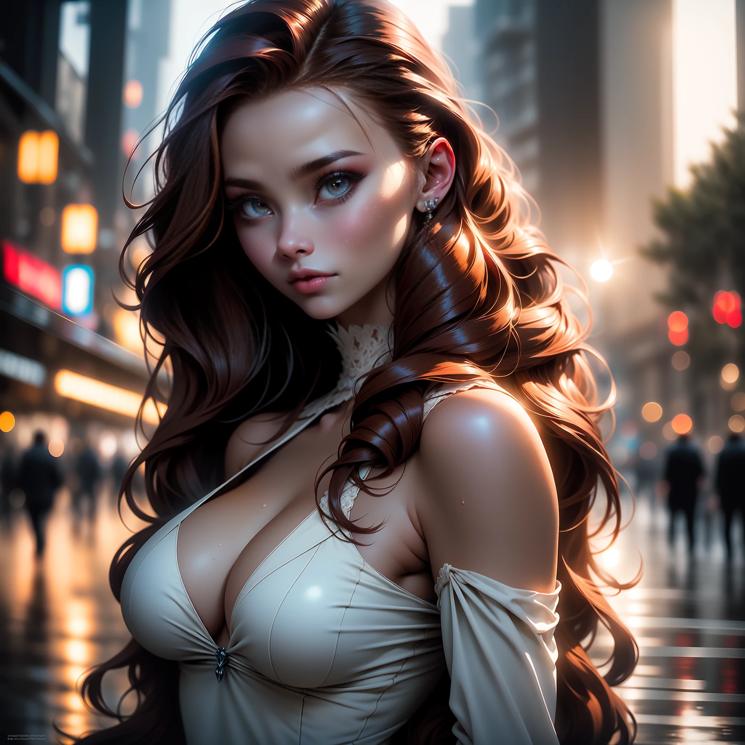 Photo of 25 year old European girl, RAW, beautiful woman, (red brown hair with extra long wavy), ((portrait)), (Detailed face: 1.2)), (Detailed facial features)), (Fine skin), pale skin, high detail and deep cleavage body conhasmat suit, slim body, megacity environment, (cold color), wet, moist, reflection, (masterpiece) ( Perfect proportions) (realistic photos) (highest quality) (detail) shot with Canon EOS R5, 50mm lens, f/2.8, HDR, (8k) (wallpaper) (movie lighting) (dramatic lighting) (sharp focus) (complex) fashion
