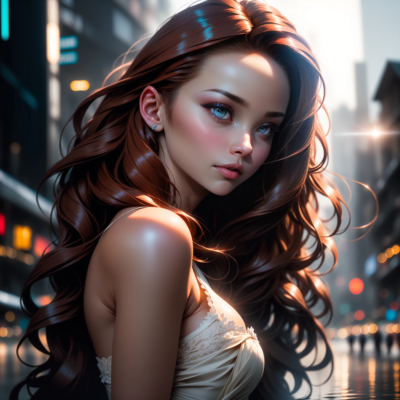Photo of 25 year old European girl, RAW, beautiful woman, (brown hair with extra long wavy), ((portrait)), (Detailed face: 1.2)), (Detailed facial features)), (Fine skin), pale skin, high detail and deep cleavage body conhasmat suit, slim body, megacity environment, (cold color), wet, moist, reflection, (masterpiece) ( Perfect proportions) (realistic photos) (highest quality) (detail) shot with Canon EOS R5, 50mm lens, f/2.8, HDR, (8k) (wallpaper) (movie lighting) (dramatic lighting) (sharp focus) (complex) fashion