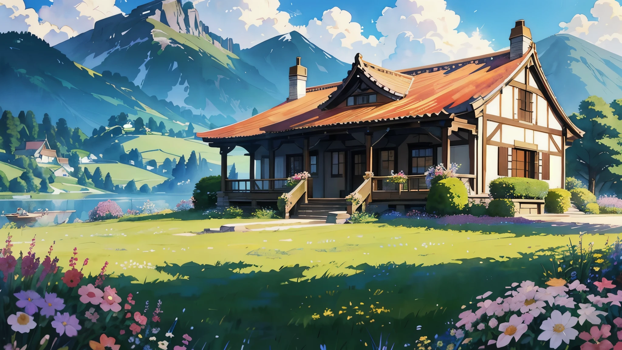 (highest quality、masterpiece、High resolution)、(Sargent-style watercolor)、(Anime Art)、Soft Light、Cotswolds view、Old farmhouse、flowers bloom、((Three Women、Everyone is standing))、(Detailed depiction of a beautiful face)、Smiling Kindly、Medium Short Hair、Dark brown hair、Braided hair、White blouse and long skirt、picnic、Cinematic Light、Soft sunlight、lake、beautiful mountain in background々、Blur the background、 
