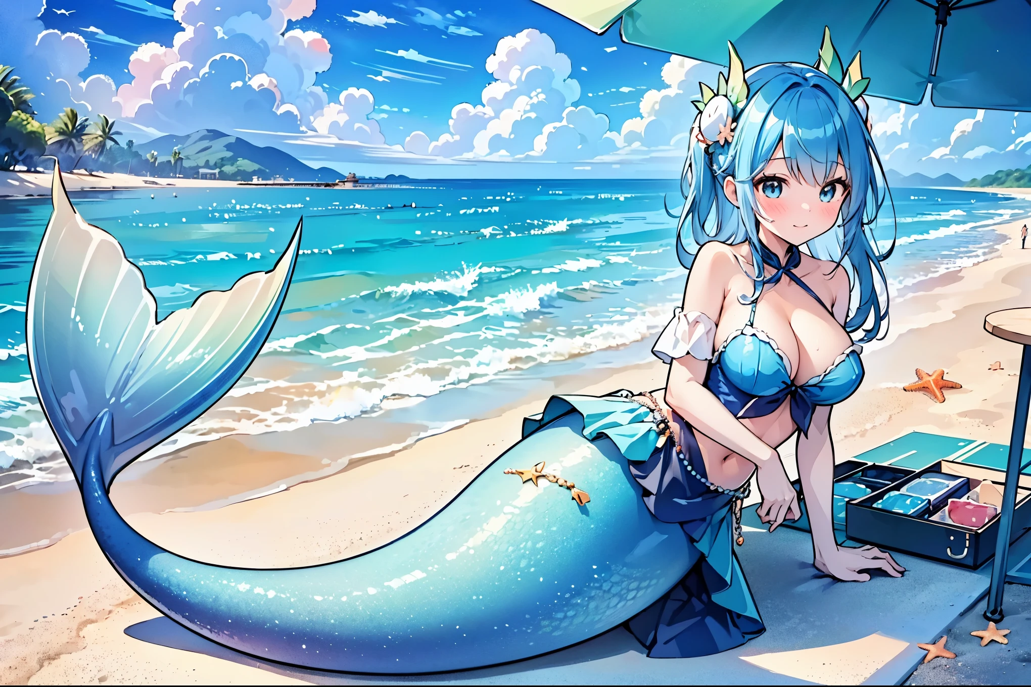 masterpiece, best quality(Full fingers),A woman,Large Breasts,Mermaid,Blue shirt,藍色的Mermaid尾巴,full-body shot,beach,躺在beach上,Sea view in the distance,charming脸(Kawaii, charming,Soft)