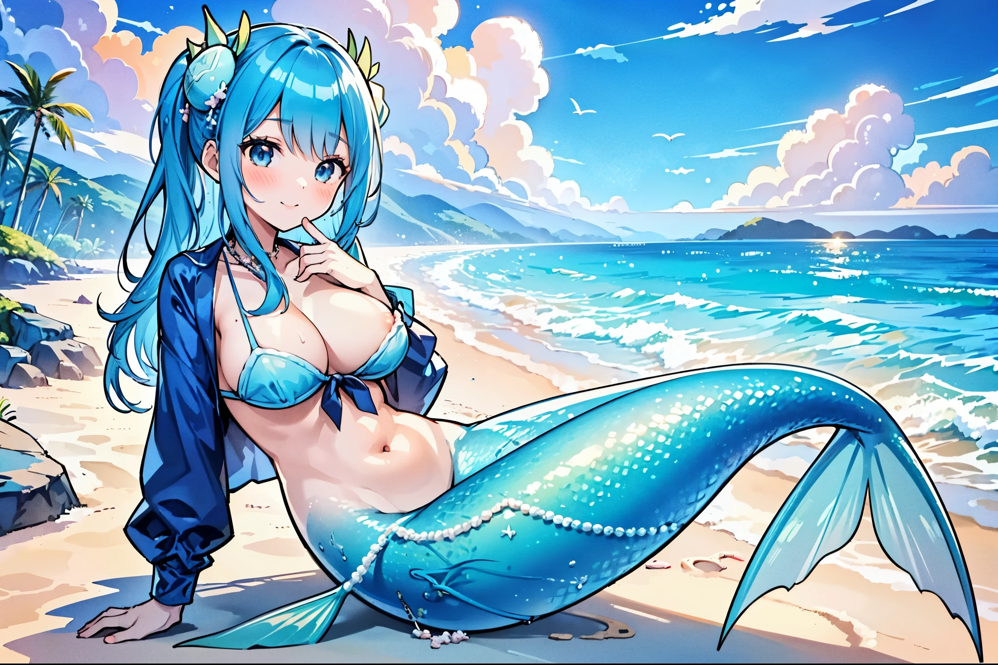 masterpiece, best quality(Full fingers),A woman,Large Breasts,Mermaid,Blue shirt,藍色的Mermaid尾巴,full-body shot,beach,躺在beach上,Sea view in the distance,charming脸(Kawaii, charming,Soft)