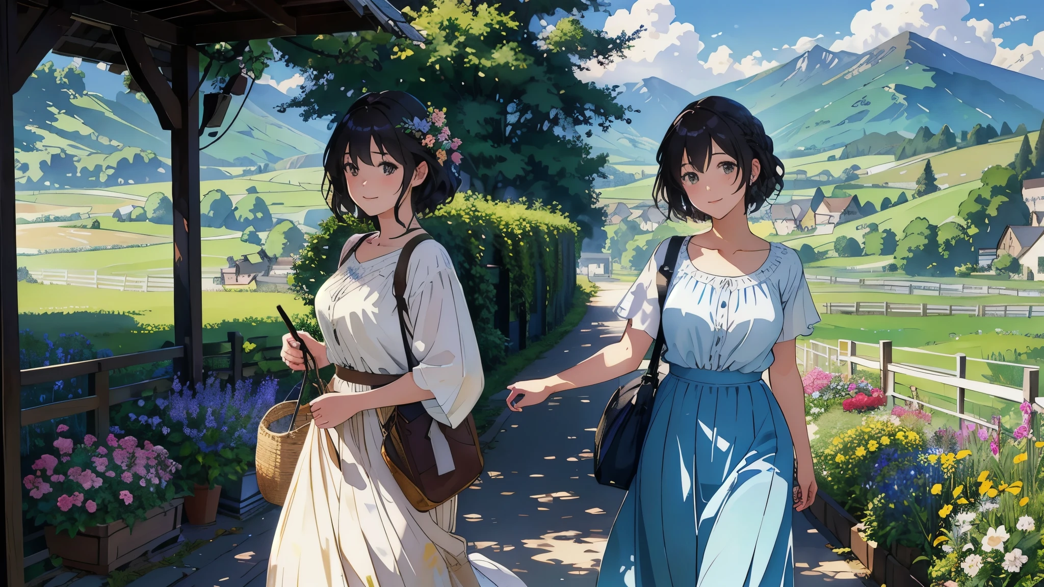 (highest quality、masterpiece、High resolution)、(Sargent-style watercolor)、(Anime Art)、Soft Light、Cotswolds view、Old farmhouse、flowers bloom、((Three Women、We are all taking a walk))、(Detailed depiction of a beautiful face)、Smiling Kindly、Medium Short Hair、Dark brown hair、Braided hair、White blouse and long skirt、picnic、Cinematic Light、Soft sunlight、lake、beautiful mountain in background々、Blur the background、 