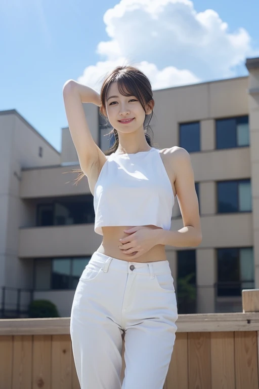uniform、A pose showing off the best thighs and pants:1.5、Burned Skin:1.5、Absolute area、Female Model、Japanese women、Seraphim、(8K、RAW Photos、highest quality、masterpiece:1.2)、(Realistic、Photorealistic:1.37)、Ultra-detailed、超A high resolution、Summer day、big breasts、smile、Cloud、