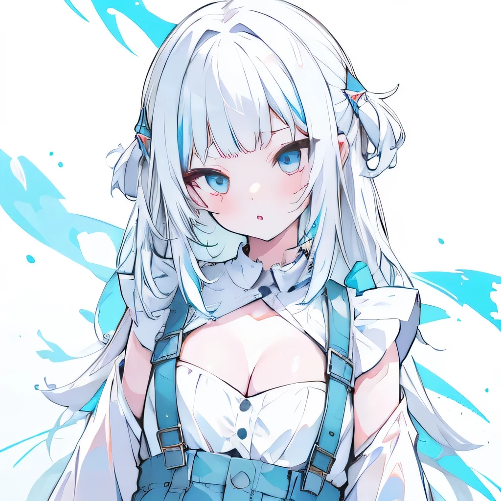 Girl, light blue and white hair, pale, lips, white soaked shirt, straight hair, bangs, light white eyes, confident, sharp teeth, cleavage