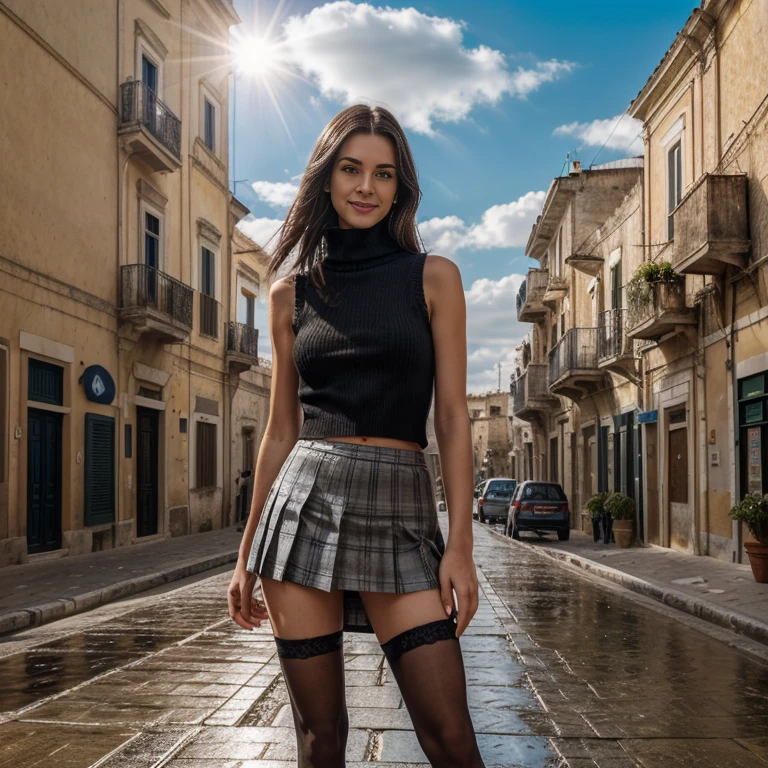 1 woman, long loose black hair, in sassi_di_Matera, landscape of Matera, solo, alone, outdoors, buildings, clouds and milky way in the sky, cityscape, in the streets of Matera water comes out from the ground, rain, rain puddles on the path, (((masterpiece:1.4, Best Quality:1.4, 8K,))), ultra high res, Physically Based Rendering, Portrait, ultra Beautiful Woman, 54yo, (dark brown hair, Long straight hair with curled ends, hair behind ears, Hair flying in the strong wind), Highly detailed skin texture, Clear focus:1.2, perfect style body, Slender beauty:1.4, Slim abs, narrow waist, Clear facial features, (smile), (sleeveless turtleneck black sweater:1.5, cropped, plaid pleated miniskirt:1.4, skirt lift:1.8, black stockings:1.2, no panties:1.4), slim and long beauty legs, ((standing with spread legs:1.4)), looking at viewer, ((night view scenery, starry skies:1.4, backlit)),