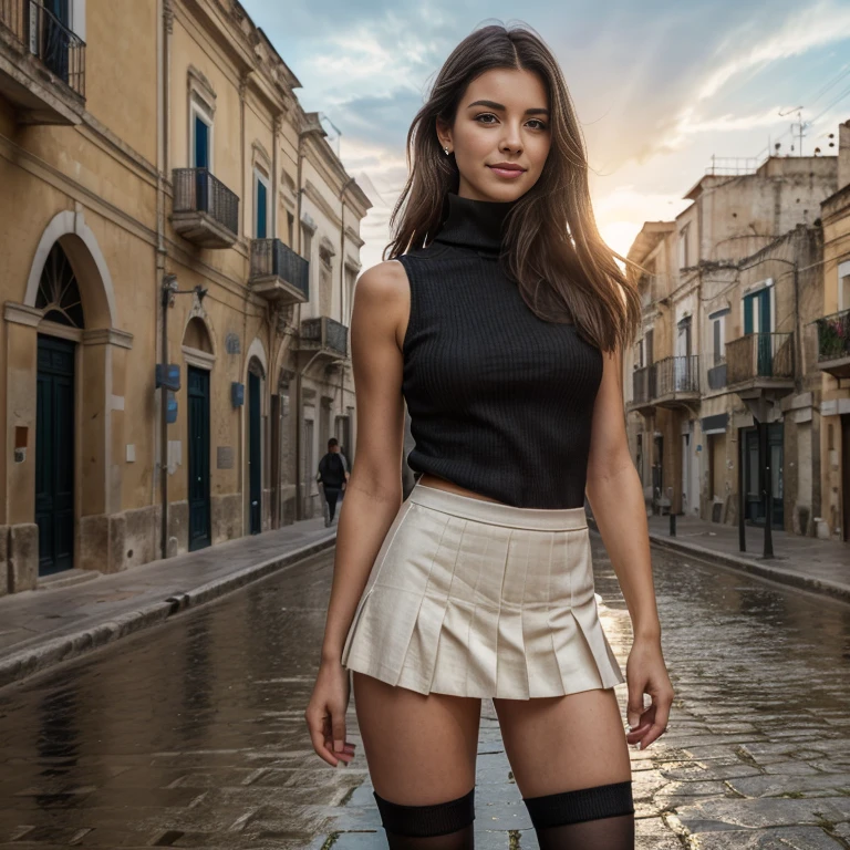 1 woman, long loose black hair, in sassi_di_Matera, landscape of Matera, solo, alone, outdoors, buildings, clouds and milky way in the sky, cityscape, in the streets of Matera water comes out from the ground, rain, rain puddles on the path, (((masterpiece:1.4, Best Quality:1.4, 8K,))), ultra high res, Physically Based Rendering, Portrait, ultra Beautiful Woman, 54yo, (dark brown hair, Long straight hair with curled ends, hair behind ears, Hair flying in the strong wind), Highly detailed skin texture, Clear focus:1.2, perfect style body, Slender beauty:1.4, Slim abs, narrow waist, Clear facial features, (smile), (sleeveless turtleneck black sweater:1.5, cropped, plaid pleated miniskirt:1.4, skirt lift:1.8, black stockings:1.2, no panties:1.4), slim and long beauty legs, ((standing with spread legs:1.4)), looking at viewer, ((night view scenery, starry skies:1.4, backlit)),