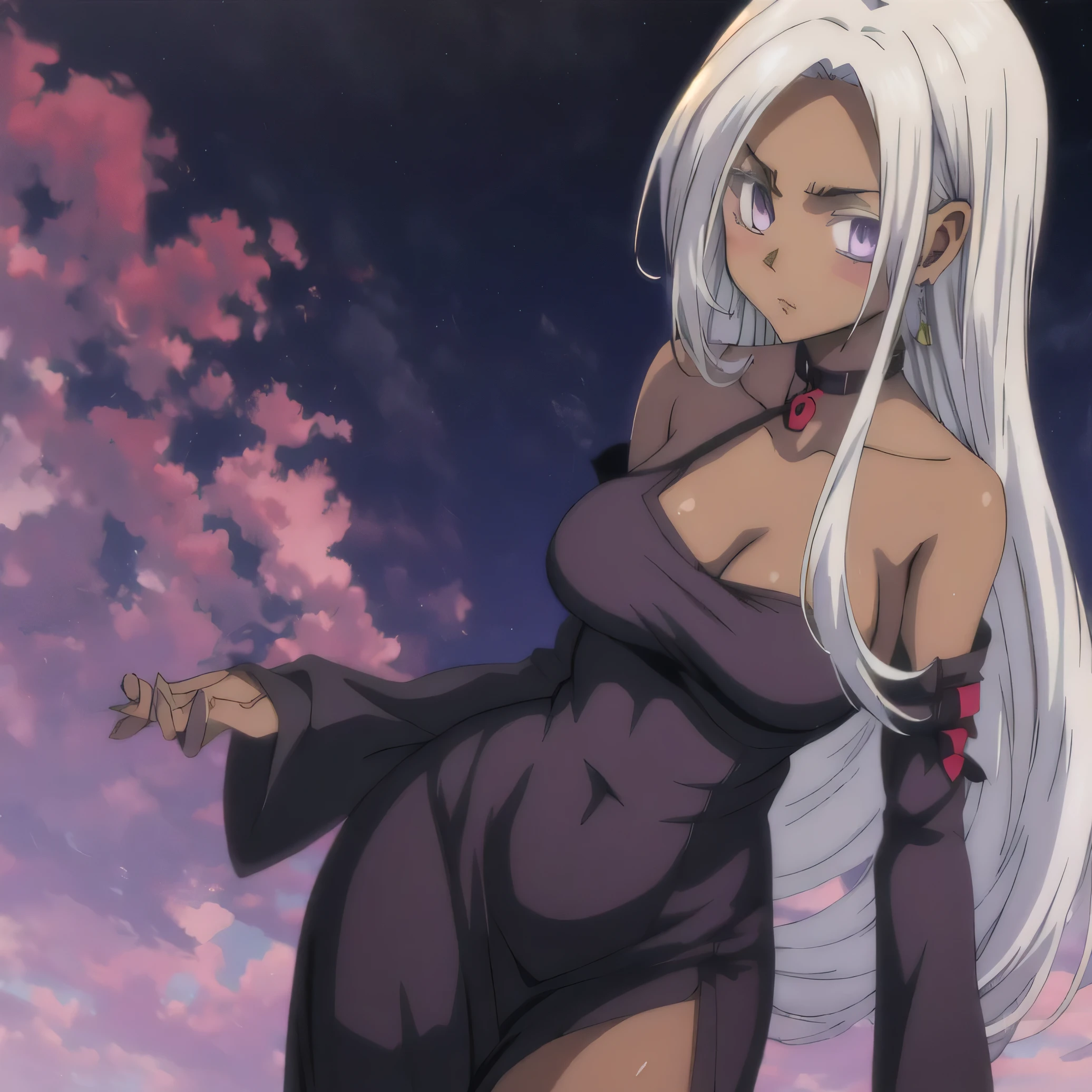 one girl , just one girl , masterpiece, best quality,Anime - serious face - wearing black night dress - Anime girl - with white long hair - purple eyes - tanned skin - body with feminine curves - perfect curves , just one girl