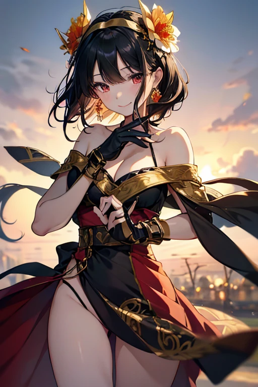 yor briar, anime style beutiful woman, 1girl, full body happy, smile, with sparkling eyes and a contagious smile:1.1),looking at viewer,red face, closed mouth, beautiful detailed eyes, super detailed skin, backlighting, bare shoulders, black background, black dress, black gloves, black hair, breasts, dress, earrings, fingerless gloves, floating hair, floral print, flower, gloves, gold earrings, gold hairband, hair flower, hair ornament, hairband, holding, holding weapon, jewelry, large breasts, long hair, looking at viewer, off-shoulder dress, off shoulder,red eyes, short hair with long locks, sidelocks, solo, spikes, thighs, two-sided dress, two-sided fabric, weapon, fighting stance , face, close up, from above, highest quality, high resolution.
