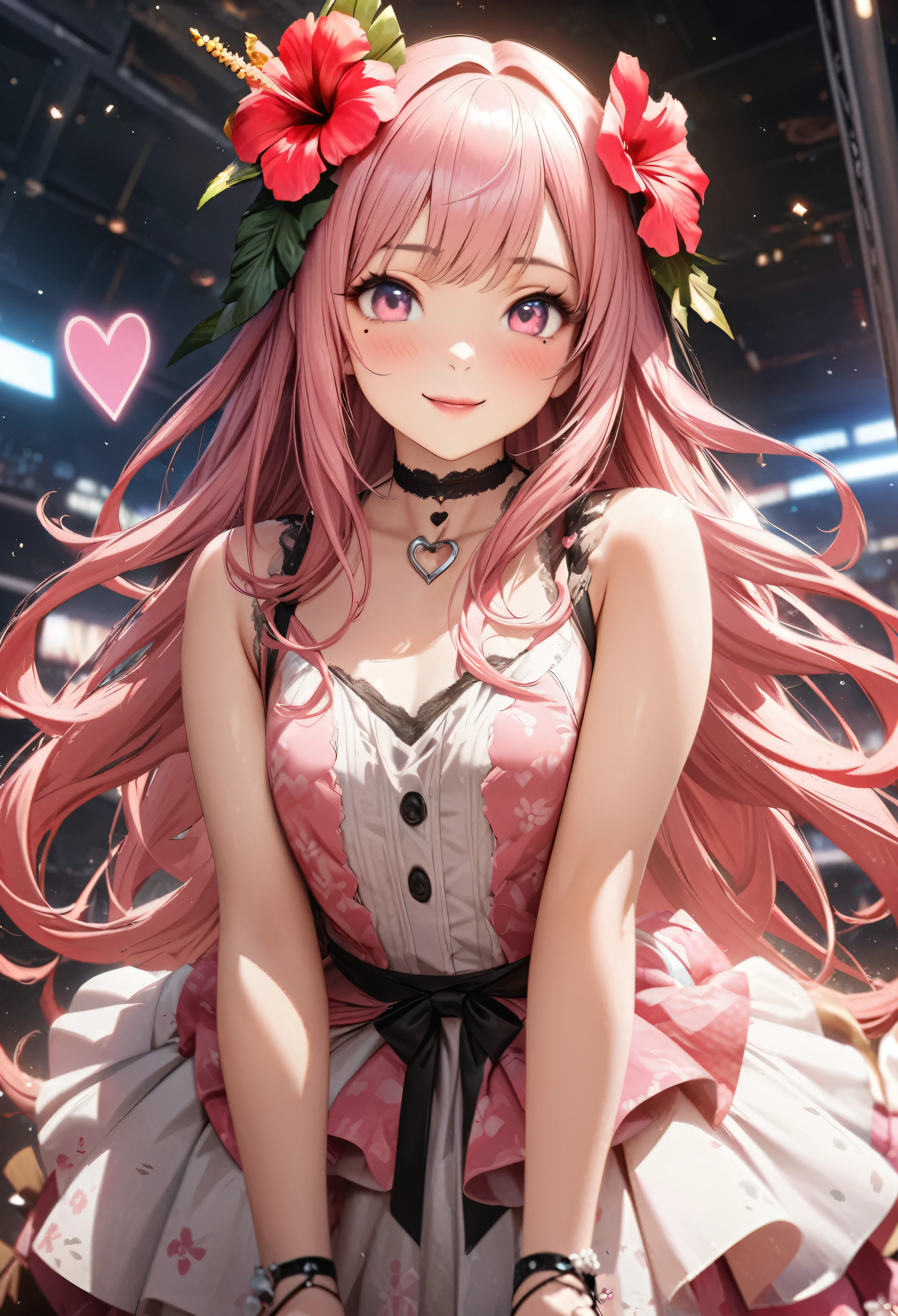 masterpiece, highest quality, Very detailed, High resolution, An expensive solution, High resolution, 4K, 8k, unity 8k wallpaper, Very detailed CG, masterpiece, Realistic、 Beautiful details, depth, Fine texture, highest quality: 1.3, Total concentration, Crisp skin, he, Very cute anime, Cute like an idol, expensive pink long hair, One Girl,Hawaiian Dresses, morning、Breakfast、 Hibiscus Hair Accessories, smile、long pink hair, whole body, Mole under the eye, Line Sight, expensive, blush, Lips parted, heart, Pink Eyes, choker