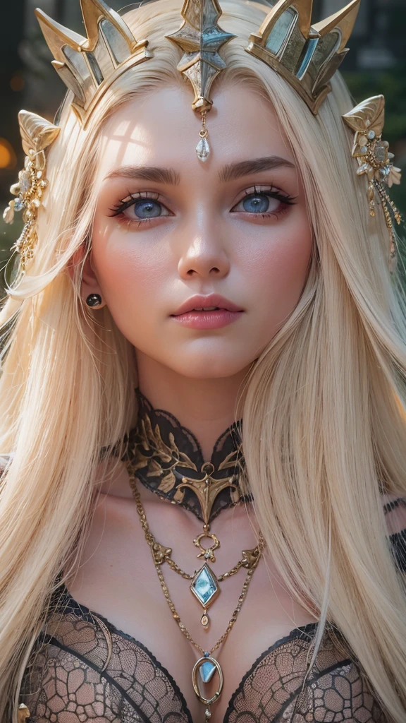 RAW, professional photograph, medium shot, photorealistic, hyper-realistic, ray tracing, super detail, UHD, 8k, female elf, twenty years old, goddess, gold jewelry, athletic body, soft facial features, long hair, straight hair, light pink hair, blue eyes, gothic style, dark Castle, gothic architecture