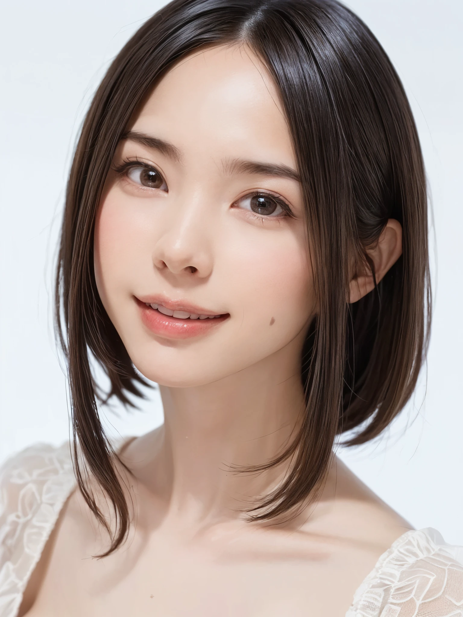 1 girl, alone, Shiny skin, chest, very detaileded, ultra detaileded, Ultra-high resolution, whole body, (Photorealism:1.4), (highest quality), (Best Shadow), Ulzzang-6500, detailed, Perfect lighting, Black Hair, ((Showpiece, highest quality, High precision)), One Girl, (big chest, Realistic: 1.4), (look up at the camera even a little, カメラをlook up, look up, look up at the camera, Looking into the camera))), alone, , White Background, snow-White Background, shut up., smile, pretty Black Hair, short hair:1.6, Big eyes, Transparent double eyelids, eyelash, listen, Long neck, Long neck, Absolute area, ((Face close-up, short hair with bangs)), 19 years old, Attractive proportions, Shiny skin, Beautiful clavicle, Golden ratio face, Perfect Face, Teardrop-shaped mole, chestのほくろ, bangs, clean bangs, beautiful bangs, Lip gloss, Thin lips, White skin, I took off my clothes, big chest, Small face, Small face, 少し上を向いてLooking into the camera, ((smile a little for the camera, really nothing pure White Background, Listen carefully、very big big chest, big chest))