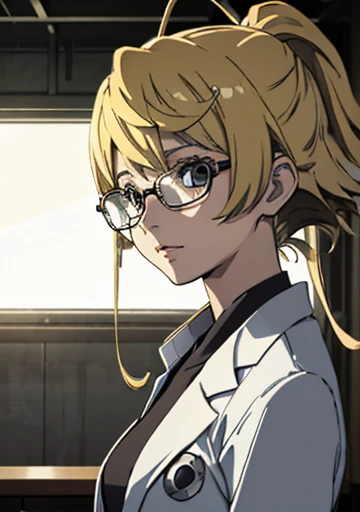 singeki_no_kyojin_s4_style,Tsukumo Yuki 1girl,solo,long hair,breasts,looking at viewer,blonde hair,large breasts, circle glasses, white lab coat. smoking a cig, red eyes, a black dot in the middle of the froehead