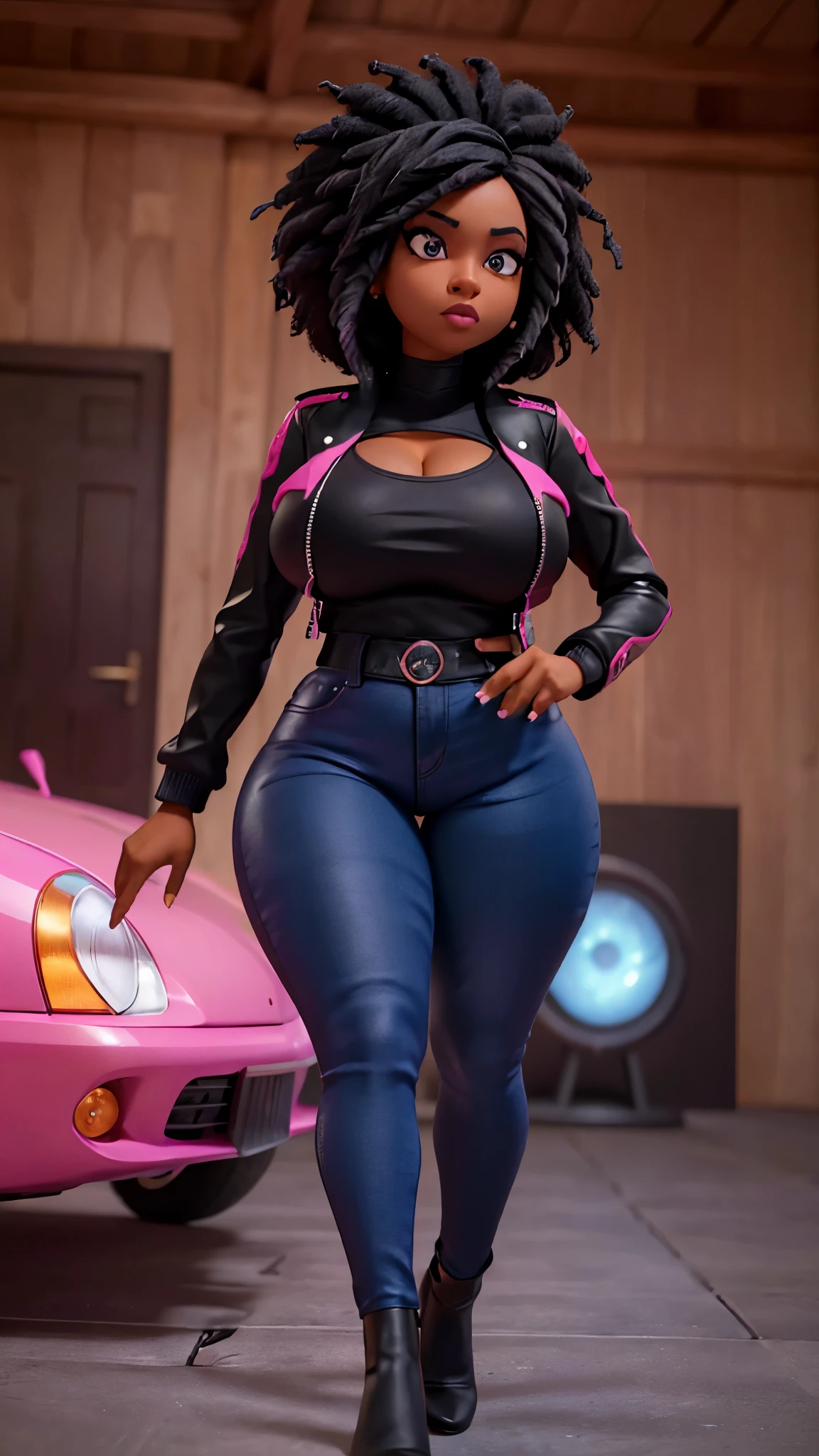 black girl showing off her large buttocks, her curly and colored hair, her perfect body, cleavage, wearing tight shorts that fit her body, 3D detailed environment and cinematic quality
