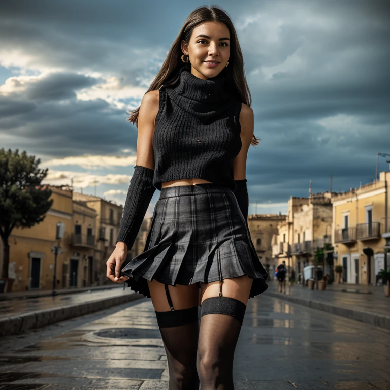 1 woman, long loose black hair, in sassi_di_Matera, landscape of Matera, solo, alone, outdoors, buildings, clouds and milky way in the sky, cityscape, in the streets of Matera water comes out from the ground, rain, rain puddles on the path, (((masterpiece:1.4, Best Quality:1.4, 8K,))), ultra high res, Physically Based Rendering, Portrait, ultra Beautiful Woman, 54yo, (dark brown hair, Long straight hair with curled ends, hair behind ears, Hair flying in the strong wind), Highly detailed skin texture, Clear focus:1.2, perfect style body, Slender beauty:1.4, Slim abs, narrow waist, Clear facial features, (smile), (sleeveless turtleneck black sweater:1.5, cropped, plaid pleated miniskirt:1.4, skirt lift:1.8, black stockings:1.2, no panties:1.4), slim and long beauty legs, ((standing with spread legs:1.4)), looking at viewer, ((night view scenery, starry skies:1.4, backlit)),