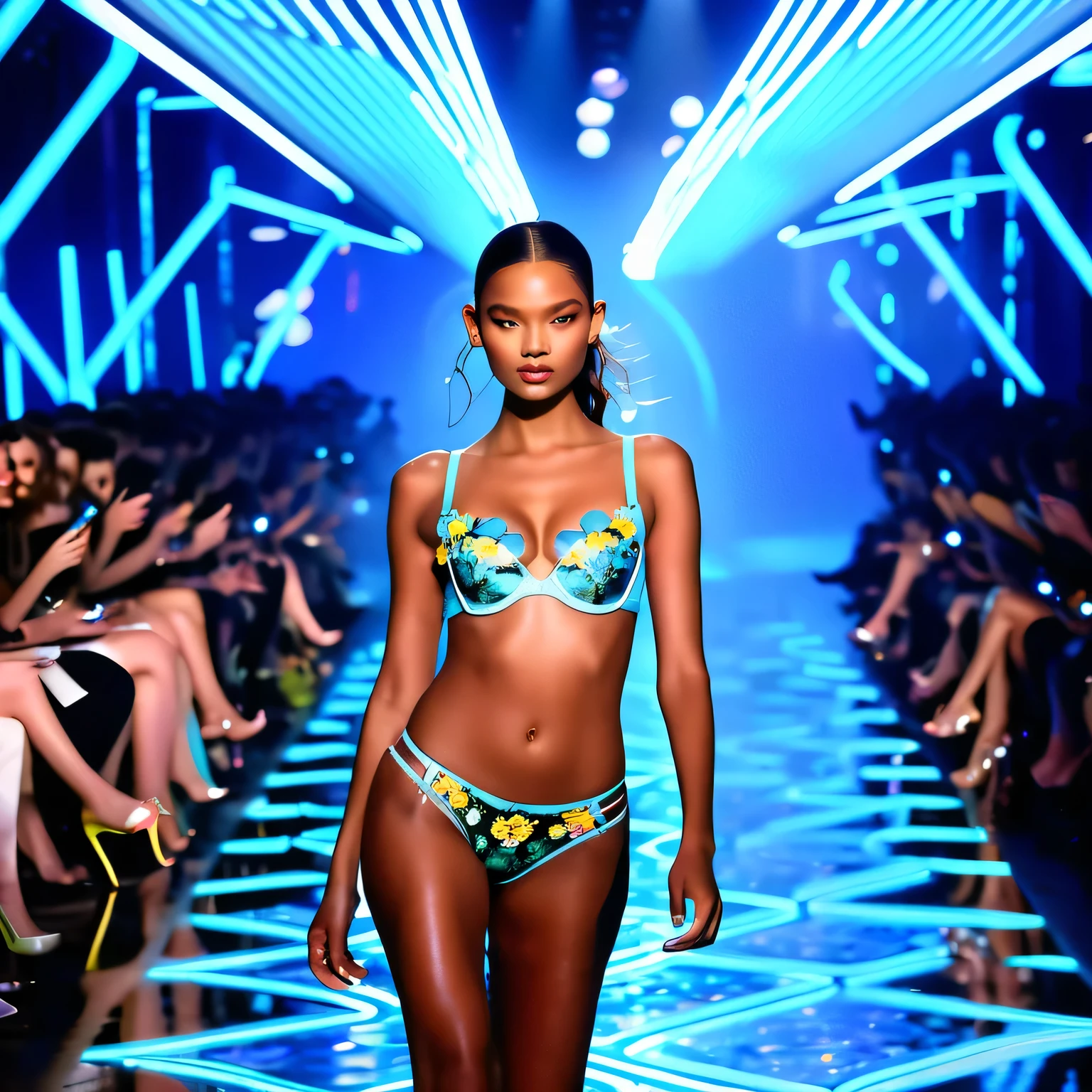 (european model:1.1,beautiful detailed eyes,beautiful detailed lips,extremely detailed eyes and face,longeyelashes) wearing (flowery:1.1) bra and (powder blue) panties, walking down a (futuristic:1.1) runway, [confidently], surrounded by (shimmering neon lights) and (bright spotlights). The model's (silky smooth) skin is glowing under the (soft, ethereal) glow of the lights. The runway is made of (glossy, reflective) material that creates a (sleek) and (luxurious) atmosphere.

The (European model:1.1) radiates (elegance) and (confidence) as she walks with (graceful strides) down the runway. Her (flowing) hair is styled in (loose waves), adding to her (effortless beauty). She is wearing a (flowery:0.9) bra with delicate (embroidery) and (intricate) details, complemented by (powder blue) panties that highlight her (perfectly sculpted) figure.

The (futuristic:1.1) runway stretches into the (distance), creating a sense of (limitless) possibilities. The runway is lined with (sleek) and (modern) seating, filled with (fashion enthusiasts) eagerly awaiting the model's next steps.

The (shimmering neon lights) create a (vibrant) and (colorful) backdrop, adding a touch of (dynamism) and (energy) to the scene. The (bright spotlights) perfectly illuminate the model, emphasizing her (flawless) features and (graceful) movements.

The overall image quality is of the (best quality,highres), capturing every (fine) and (delicate) detail with (extreme precision). The colors are (vivid) and (rich), enhancing the beauty and allure of the scene. The lighting is (perfectly balanced), creating a (magical) and (ethereal) ambiance.

The prompt paints a scene of a (European model) exuding (confidence) and (elegance) as she walks down a (futuristic) runway, adorned in a (flowery) bra and (powder blue) panties. The (shimmering neon lights) and (bright spotlights) illuminate the scene, creating a (vibrant) and (dynamic) atmosphere. The prompt emphasizes the (best quality) and (highres) of the i