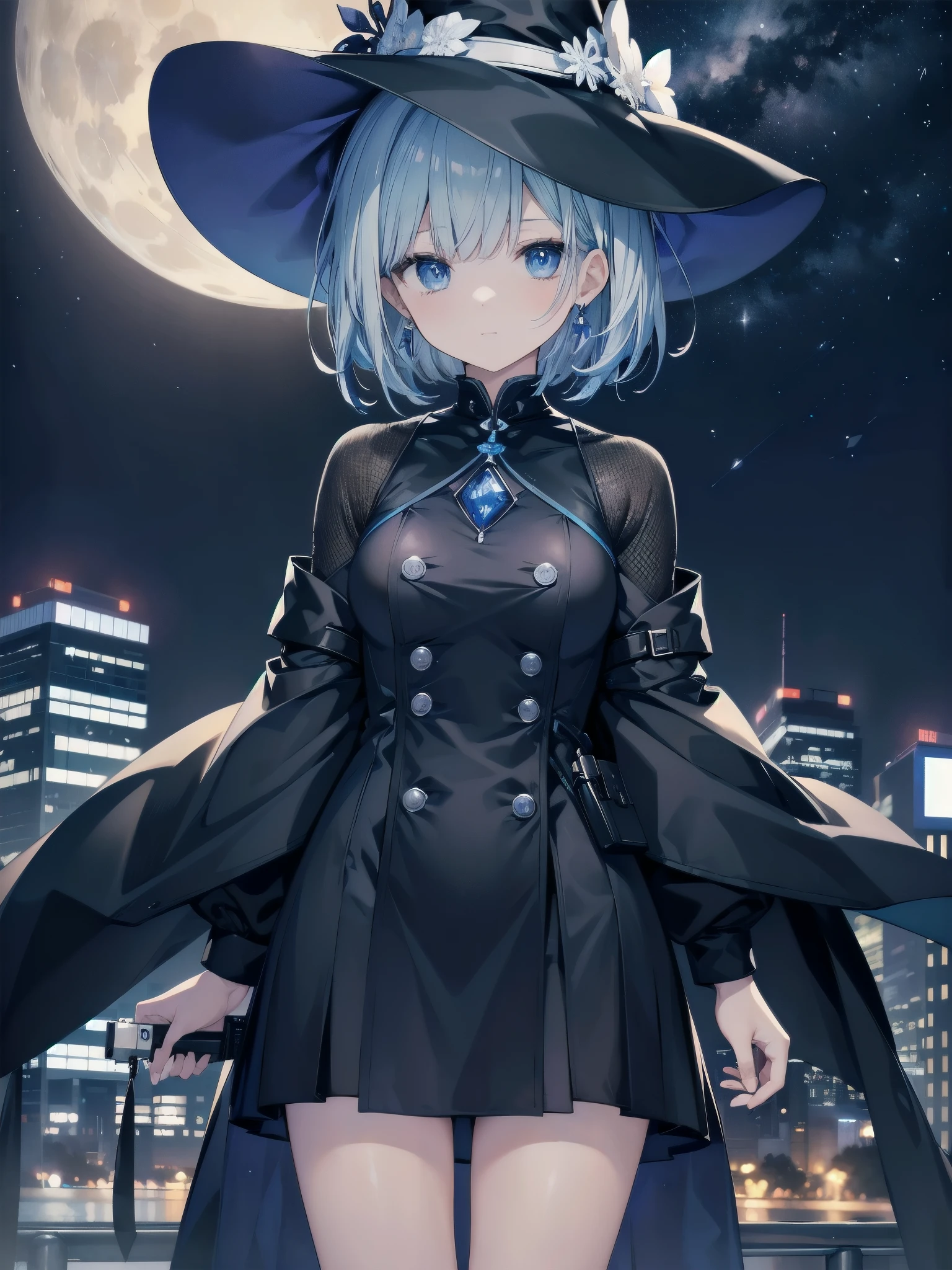 This is the rooftop of a skyscraper in Tokyo.、It&#39;s late at night now、Behind me is a night view, a small moon, and a starry sky.、You can see the beautiful sea with the moonlight reflecting in the distance.、Photograph her from an angle of 45 degrees above、1 small breasted adult woman、She wears a large black witch hat with sapphire accessories、Loose, white medium short hair lob hair with pale blue mesh、Blue Eyes、Black long coat、白いT-shirt、Black Skirt、Cool face、sapphire necklace、Cool woman、She has an assault rifle、high resolution、High Quality、High resolution、2 million pixels、2D illustration、Japan anime、,drawn by Japanese ilastrator、Full Shot、High quality、High Detail、high resolution、4K quality、Beautiful background