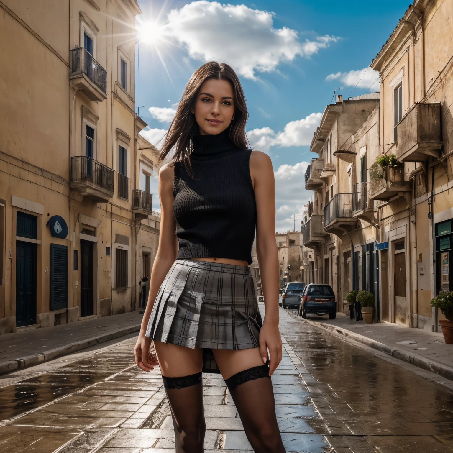 1 woman, long loose black hair, in sassi_di_Matera, landscape of Matera, solo, alone, outdoors, buildings, clouds and milky way in the sky, cityscape, in the streets of Matera water comes out from the ground, rain, rain puddles on the path, (((masterpiece:1.4, Best Quality:1.4, 8K,))), ultra high res, Physically Based Rendering, Portrait, ultra Beautiful Woman, 54yo, (dark brown hair, Long straight hair with curled ends, hair behind ears, Hair flying in the strong wind), Highly detailed skin texture, Clear focus:1.2, perfect style body, Slender beauty:1.4, Slim abs, narrow waist, Clear facial features, (smile), (sleeveless turtleneck black sweater:1.5, cropped, plaid pleated miniskirt:1.4, skirt lift:1.8, black stockings:1.2, no panties:1.4), slim and long beauty legs, ((standing with spread legs:1.4)), looking at viewer, ((night view scenery, starry skies:1.4, backlit)),
