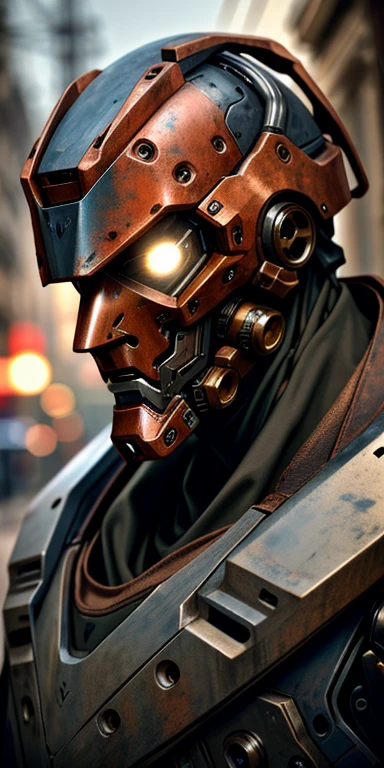 Portrait photo of a handsome man  ,Perfect eyes ,  in a worn out mechanical exosuit,((light bokeh)), difficult, (steel metal [rust]), elegant, sharp focus, photo Grega Rutkovski, Soft lighting, Bright colors, masterpiece, ((streets)), detailed face