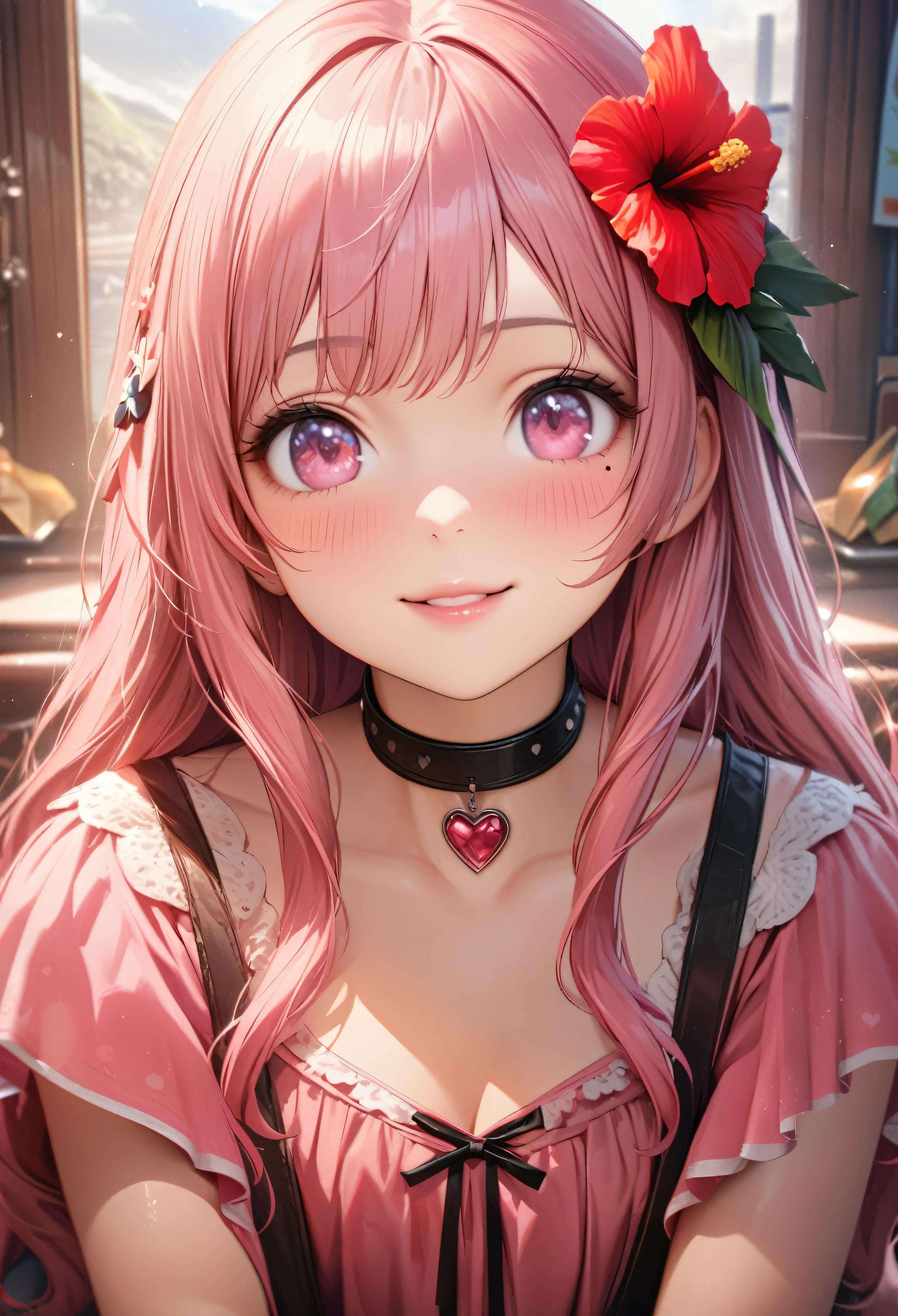 masterpiece, highest quality, Very detailed, High resolution, An expensive solution, High resolution, 4K, 8k, unity 8k wallpaper, Very detailed CG, masterpiece, Realistic、 Beautiful details, depth, Fine texture, highest quality: 1.3, Total concentration, Crisp skin, he, Very cute anime, Cute like an idol, expensive pink long hair, One Girl,Hawaiian Dresses、Diamond Head , morning、Breakfast、 Hibiscus Hair Accessories, smile、long pink hair, whole body, Mole under the eye, Line Sight, expensive, blush, Lips parted, heart, Pink Eyes, choker