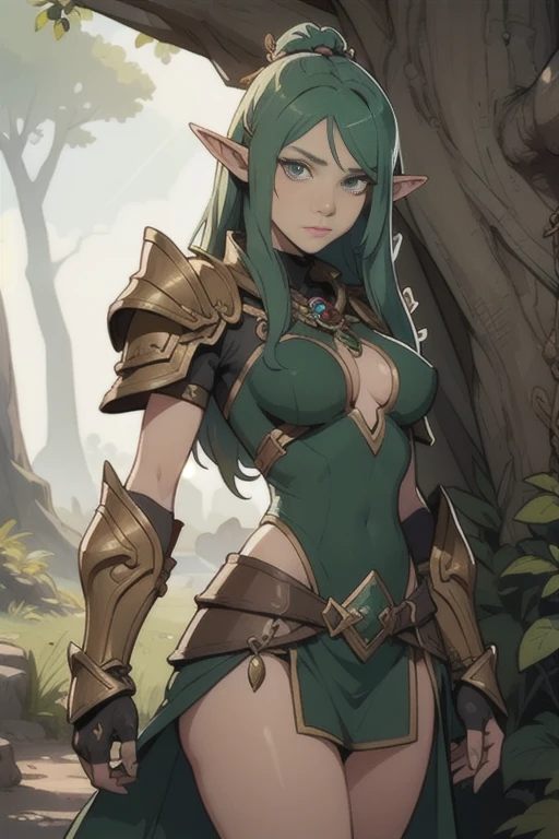 (Yggdrasil tribe Elf), Armor, rings, female creature, looking at viewer,