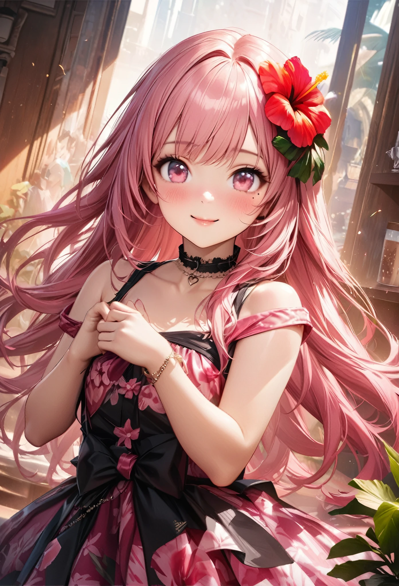 masterpiece, highest quality, Very detailed, High resolution, An expensive solution, High resolution, 4K, 8k, unity 8k wallpaper, Very detailed CG, masterpiece,  Realistic、 Beautiful details, depth, Fine texture, highest quality: 1.3, Total concentration, Crisp skin, he, Very cute anime, Cute like an idol, expensive pink long hair, One Girl,Hawaiian Dresses, morning、morning食、 coffee、Hibiscus Hair Accessories, smile、long pink hair, whole body, Mole under the eye, Line Sight, expensive, blush, Lips parted, heart, Pink Eyes, choker