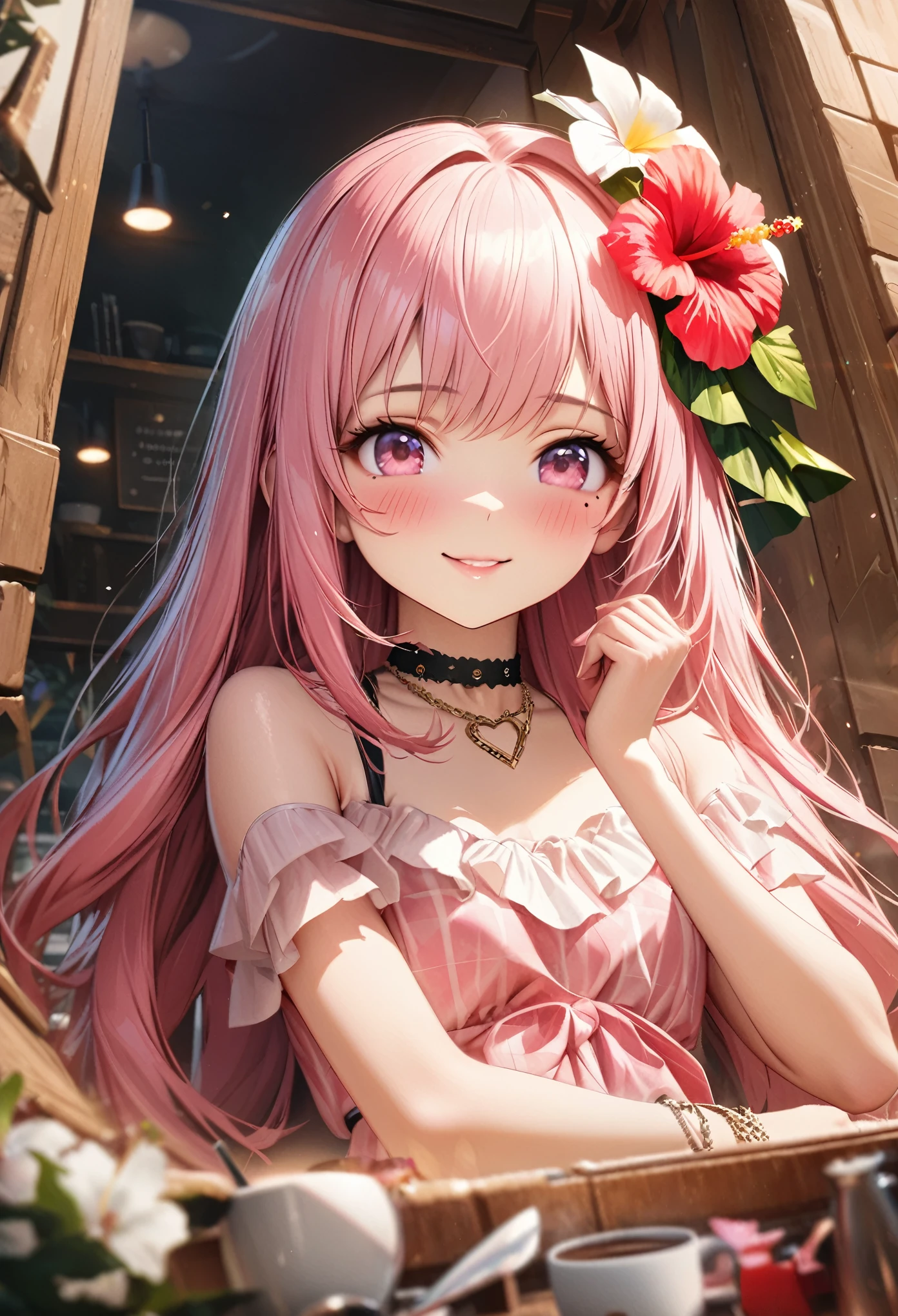 masterpiece, highest quality, Very detailed, High resolution, An expensive solution, High resolution, 4K, 8k, unity 8k wallpaper, Very detailed CG, masterpiece, Realistic、 Beautiful details, depth, Fine texture, highest quality: 1.3, Total concentration, Crisp skin, he, Very cute anime, Cute like an idol, expensive pink long hair, One Girl,Hawaiian Dresses, morning、morning食、 coffee、Hibiscus Hair Accessories, smile、long pink hair, whole body, Mole under the eye, Line Sight, expensive, blush, Lips parted, heart, Pink Eyes, choker
