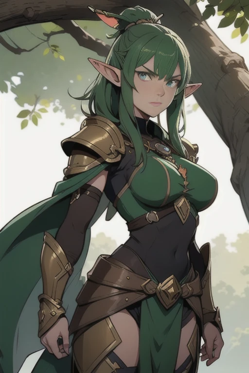 (Yggdrasil tribe Elf), Armor, rings, female creature, glaring at viewer,
