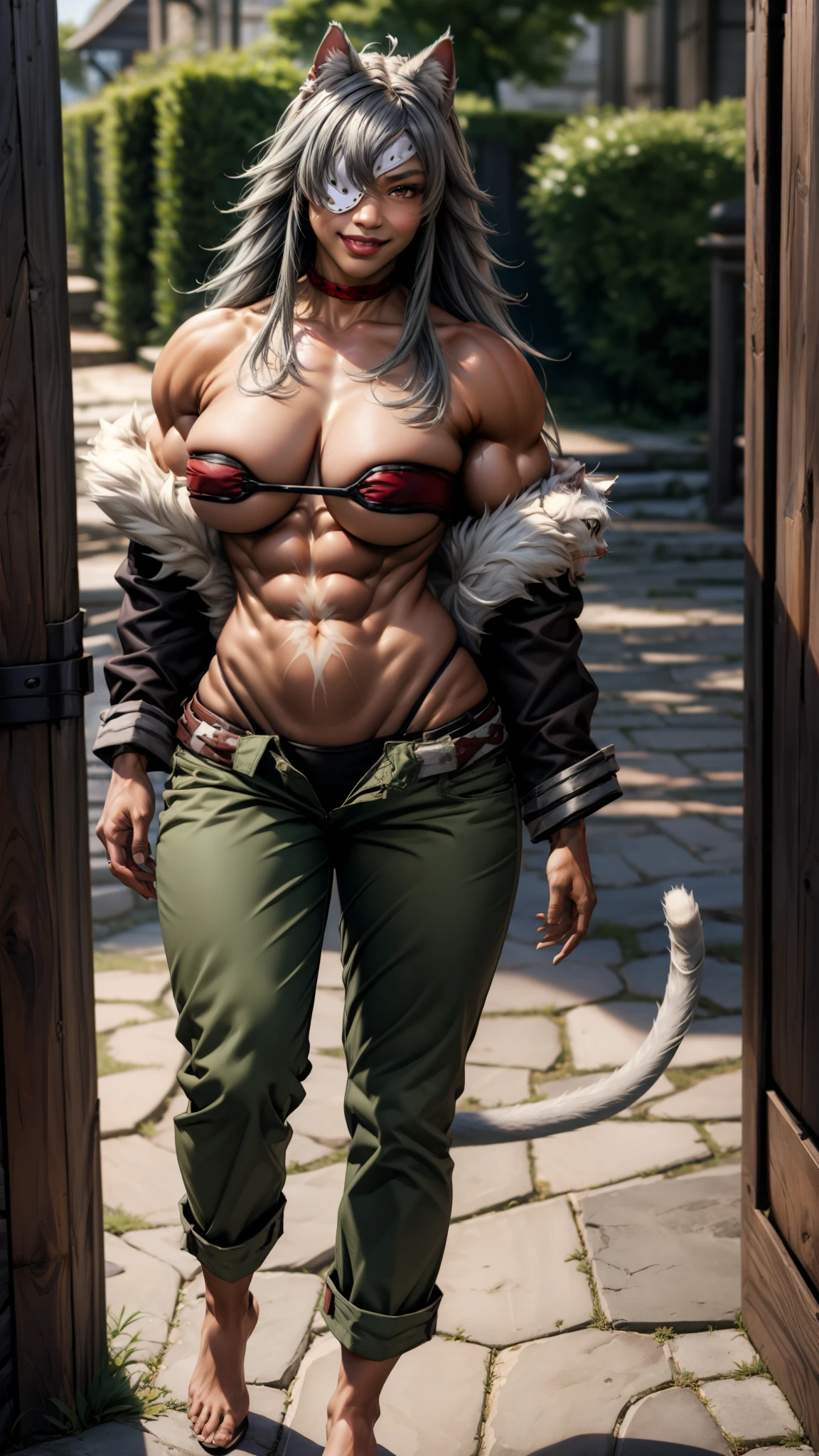 best quality, masterpiece, 1girl, (solo:1.1), raytracing, ultra detailed,detailed face, 8k wallpaper, wide hips, smile, GhislaineDedoldiaNDV, 1girl, grey hair, red eyes, animal ears, cat ears, tail, large breasts, very long hair, dark skin, muscular female, dark-skinned female, eyepatch, scar on stomach, scar on cheek, green pants, black jacket, fur trim, open pants, red choker,  outdoor