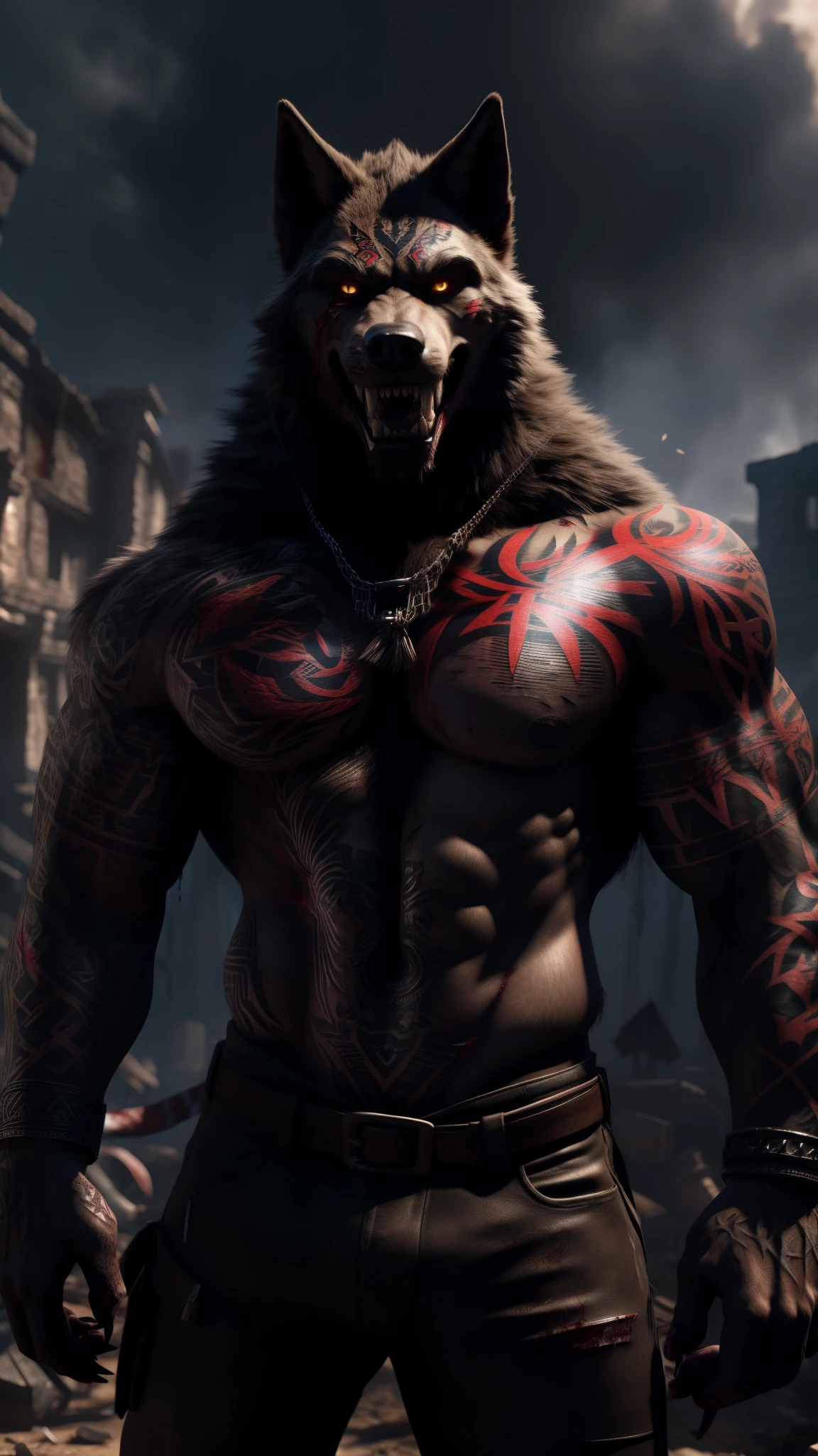 werewolf male muscular (Super tattoos:1.5) (blood all over body:1.1) (blood on hands:1.1) (blood on sharp canine teeth:1.1) Looking at the viewer Weird and distorted smile And a background of a destroyed village full of people  3D Unreal Engine 5