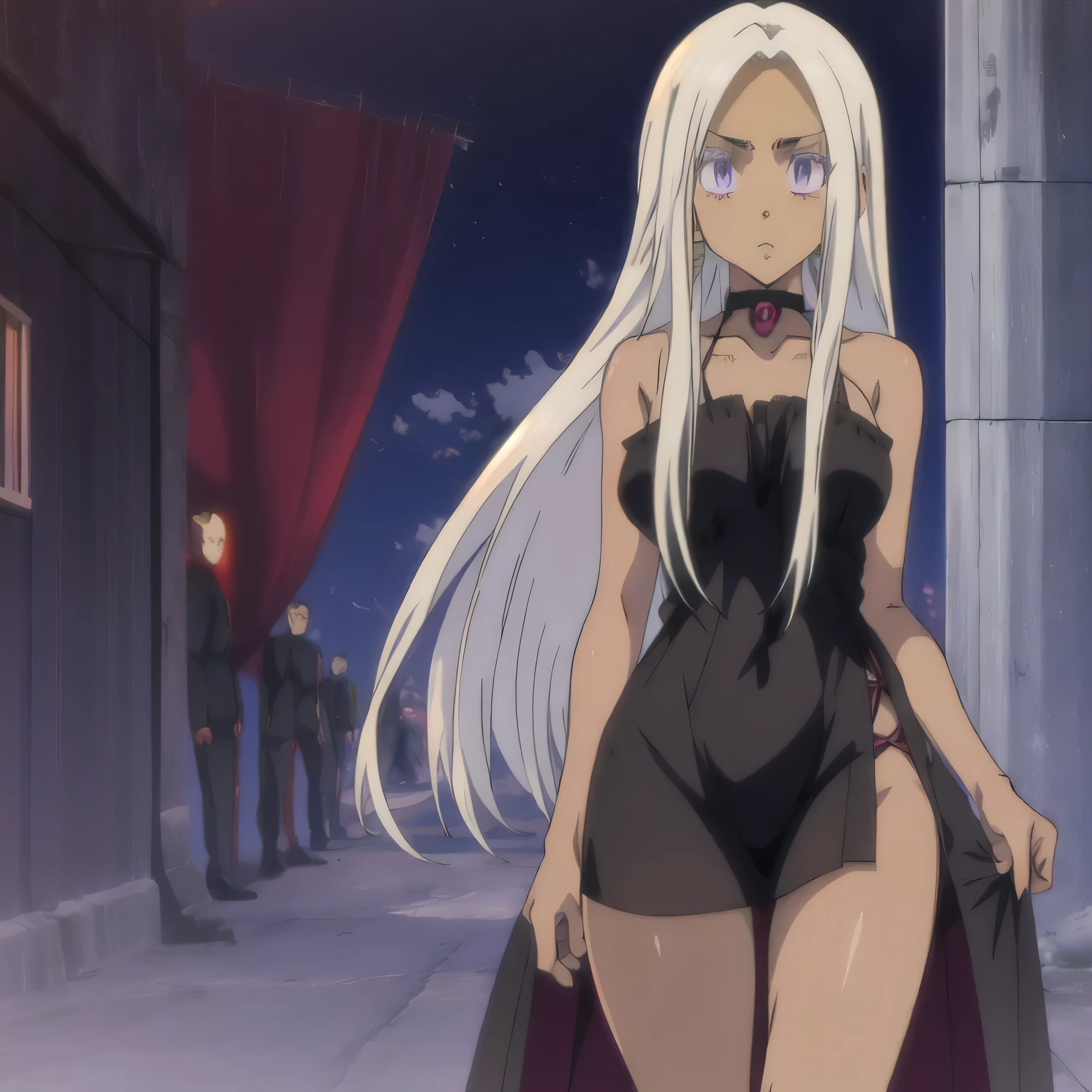 one girl , just one girl , masterpiece, best quality,Anime - serious face - wearing black night dress - Anime girl - with white long hair - purple eyes - tanned skin - body with feminine curves - perfect curves , tanned skin , just one girl , gang boss