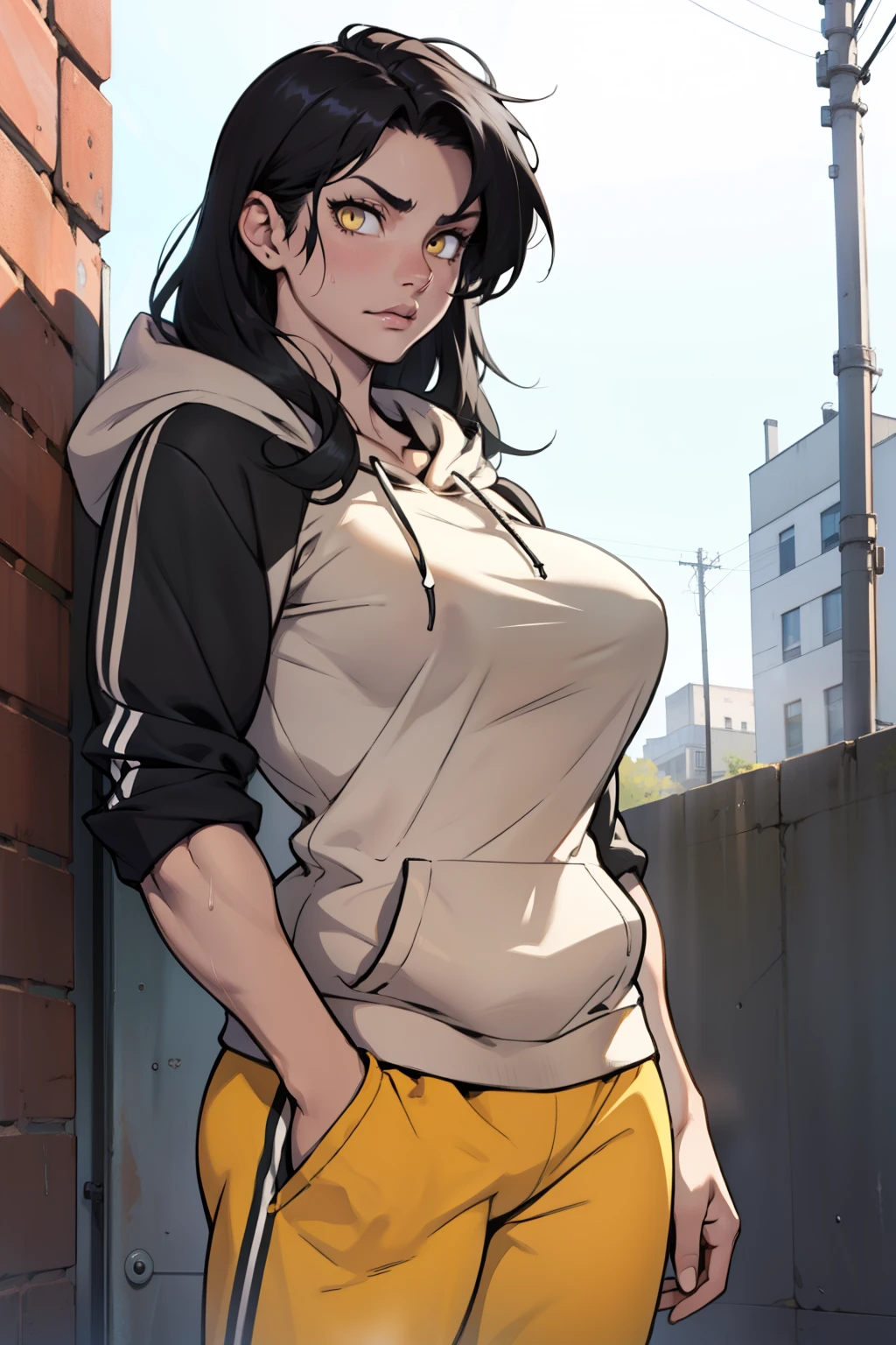 ((1girl muscular)) pale skin black hair very long hair yellow eyes large breasts hoodie sweatpants