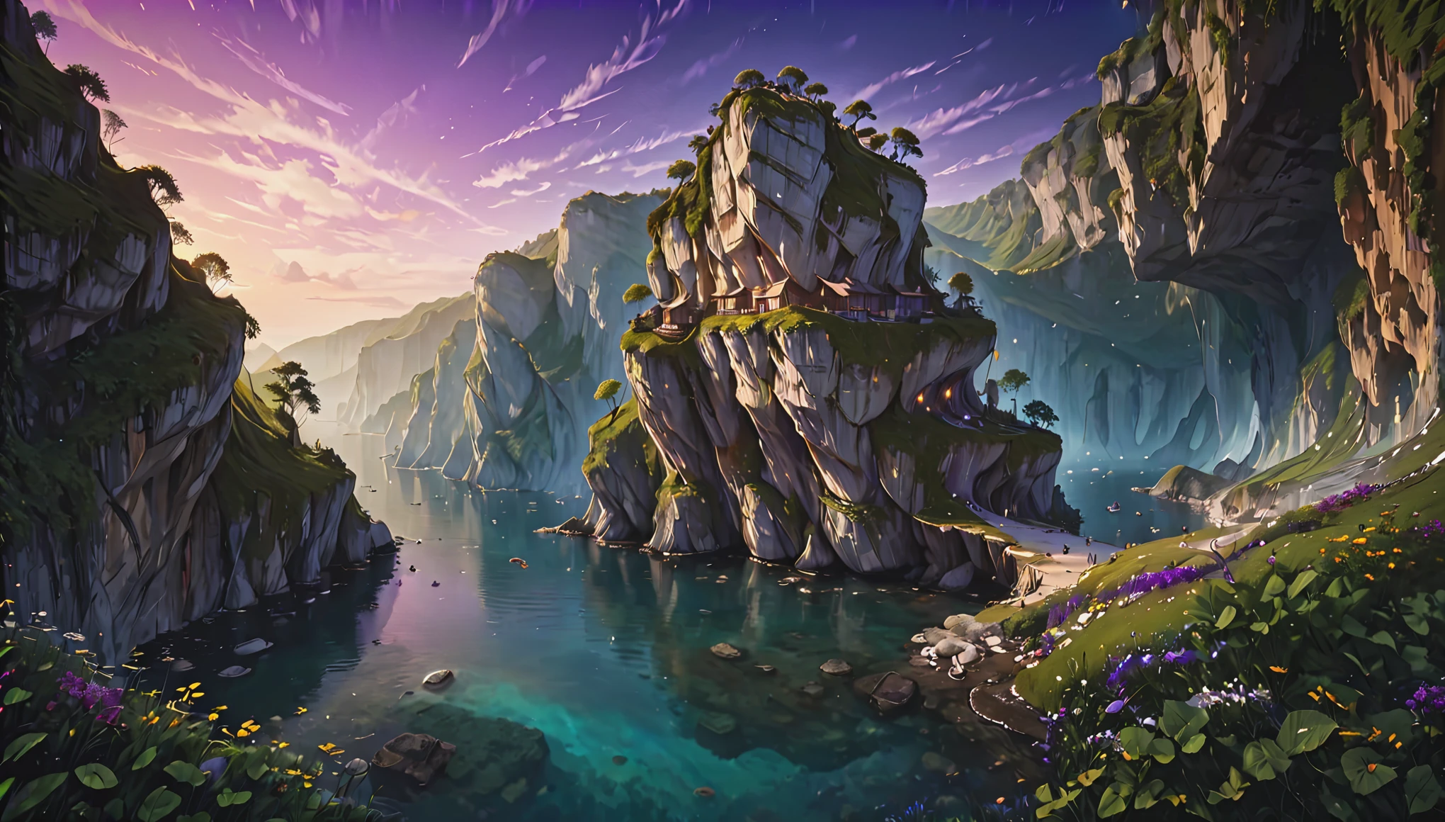 volumetric fog, cinematic atmospheric volumetric directional lighting, hard volumetric directional cascade shadows, caustics, refractions, crepuscule, chiaroscuro, foreshortening, luminism, cinemascope, courbet's realism, extremely detailed, intricate details, exact microdetailing, highly aesthetic, very elegant, limited color palette, color grading, (ultra dopamine), amazing textures, refined lines and edges, sublime, stellar, whimsical, creative, immaculate, flawless, phenomenal, superb, profound, splendid, accurate, serene, tranquil, ethereal, celestial, beautiful, BREAK, picturesque cliffbuilding, ultra wide shot, very structured crystal clear depiction of a cove with steep cliffs, twilight with subtle purple hues, dappled moonlight, sky, clouds, stars, reflections in the calm sea, water ripples, pristine natural environment, lush vegetation, cool breeze, vibrant meadows with colorful petals, pier with a boat, visual expanse, variegated foliage.