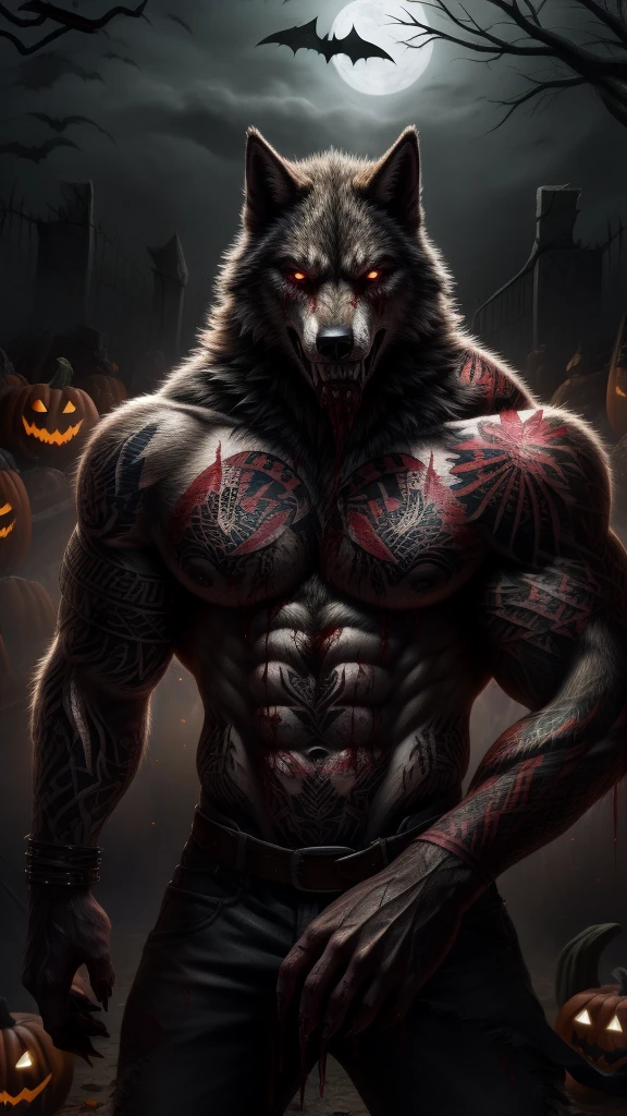 werewolf male muscular (Super tattoos:1.5) (blood all over body:1.1) (blood on hands:1.1) (blood on sharp canine teeth:1.1) Looking at the viewer Weird and distorted smile And a background of a destroyed village full of people (Halloween)