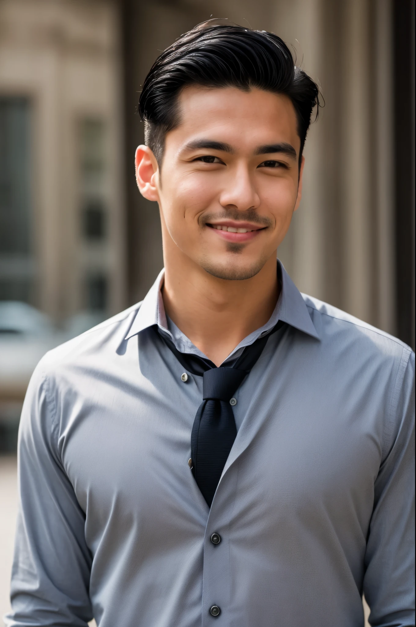 Image of a man in a shirt posing for a photo, male model, handsome man, beautiful and attractive face, perfect cute face, beautiful male face, male portrait, attractive male, movie headshot portrait, sharp portrait, man with black hair and black eyes, 8k, korean man, eye contact, smile, Beardless, clean shaven, Suit with tie