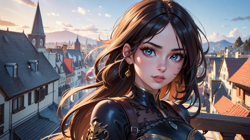 (best quality,4k,8k,highres,masterpiece:1.2),ultra-detailed,realistic,photorealistic:1.37,portraits,girl,beautiful detailed eyes,beautiful detailed lips,extremely detailed eyes and face,longeyelashes,female character,solo,looking at viewer,daytime, standing on the roofop
