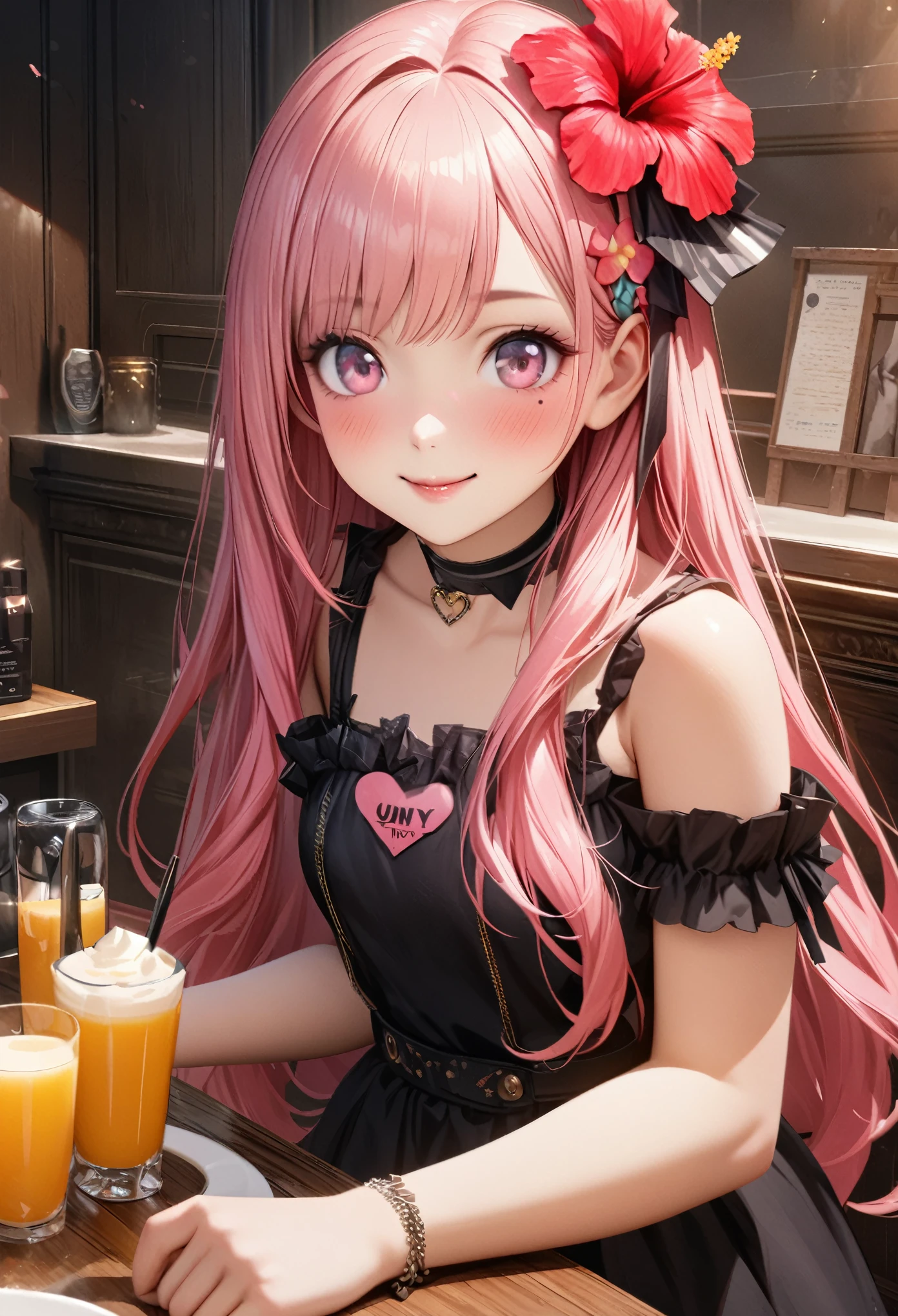 masterpiece, highest quality, Very detailed, High resolution, An expensive solution, High resolution, 4K, 8k, unity 8k wallpaper, Very detailed CG, masterpiece, Realistic、 Beautiful details, depth, Fine texture, highest quality: 1.3, Total concentration, Crisp skin, he, Very cute anime, Cute like an idol, expensive pink long hair, One Girl,Hawaiian Dresses 、breakfast、 hibiscus hair accessory, smile、long pink hair, whole body, Mole under the eye, Line Sight, expensive, blush, Lips parted, heart, Pink Eyes, choker